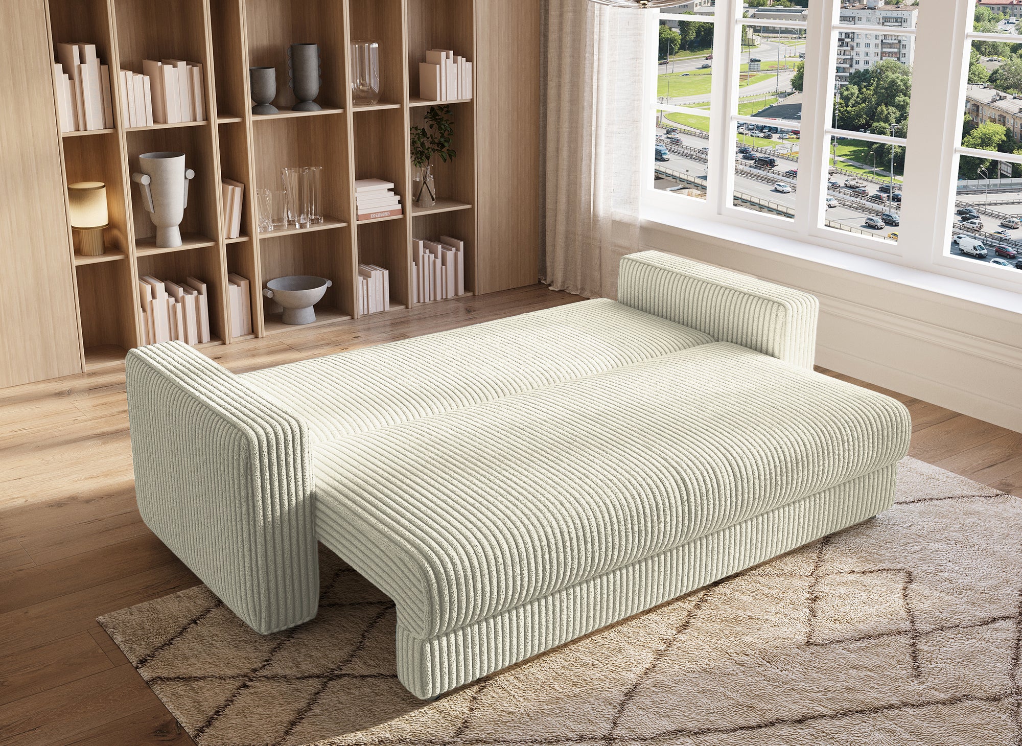 Canapé convertible 3 places avec coffre en velours côtelé épais beige ZURIA