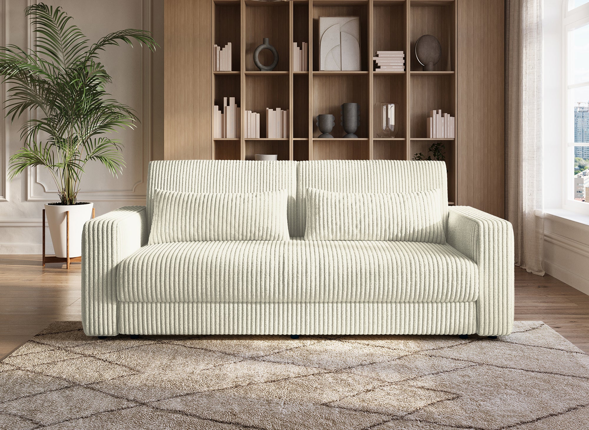 Divano trasformabile a 3 posti ZURIA in velluto a coste spesso beige con cassettiera