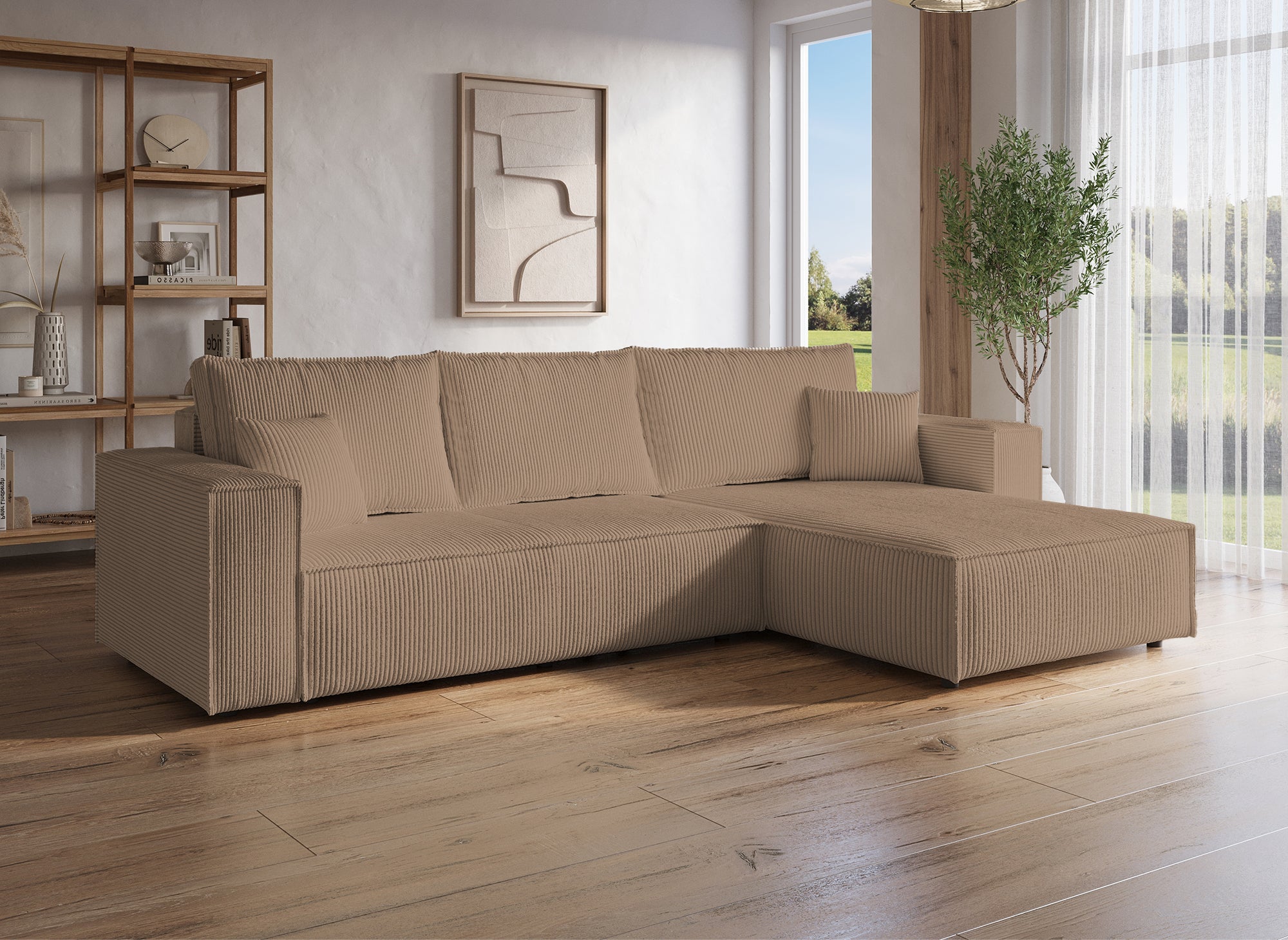 Divano angolare trasformabile e reversibile con cassapanca in velluto a coste moka JADE