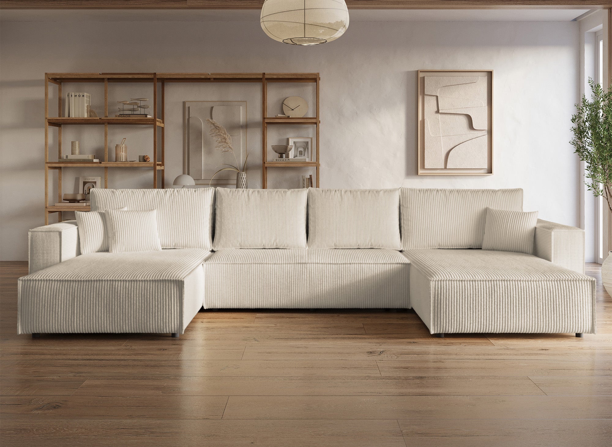 Canapé panoramique convertible avec coffre en velours côtelé beige - JADE