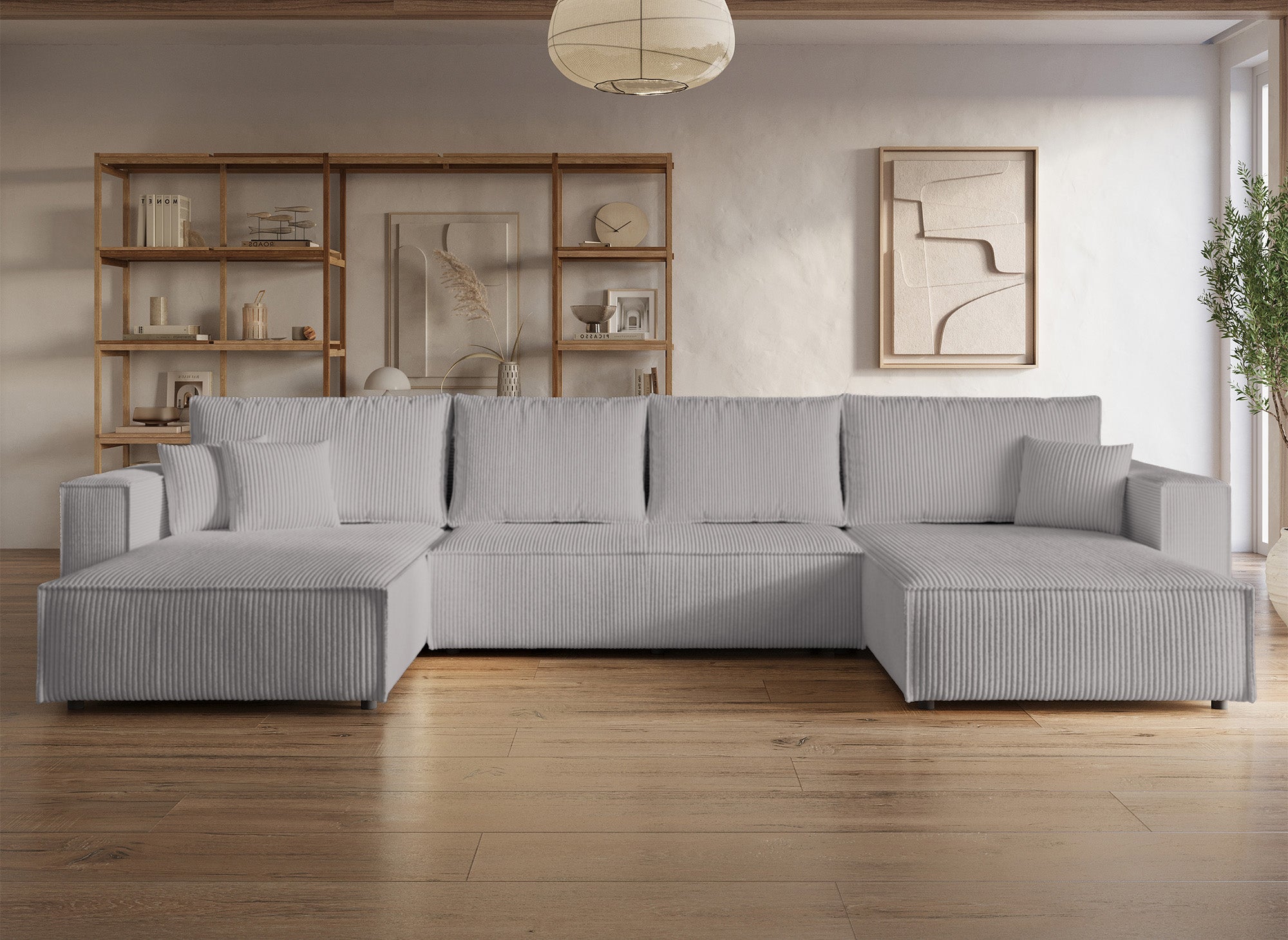 Canapé panoramique convertible avec coffre en velours cotelé gris clair - JADE