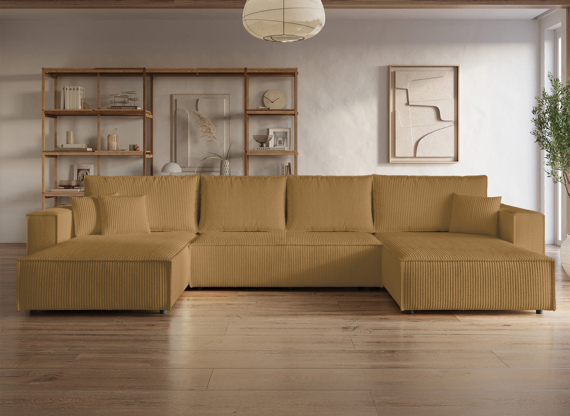 Canapé panoramique convertible avec coffre en velours cotelé moutarde - JADE