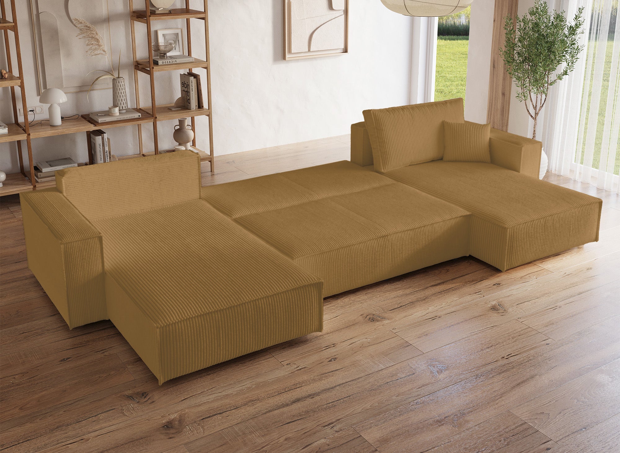 Canapé panoramique convertible avec coffre en velours cotelé moutarde - JADE