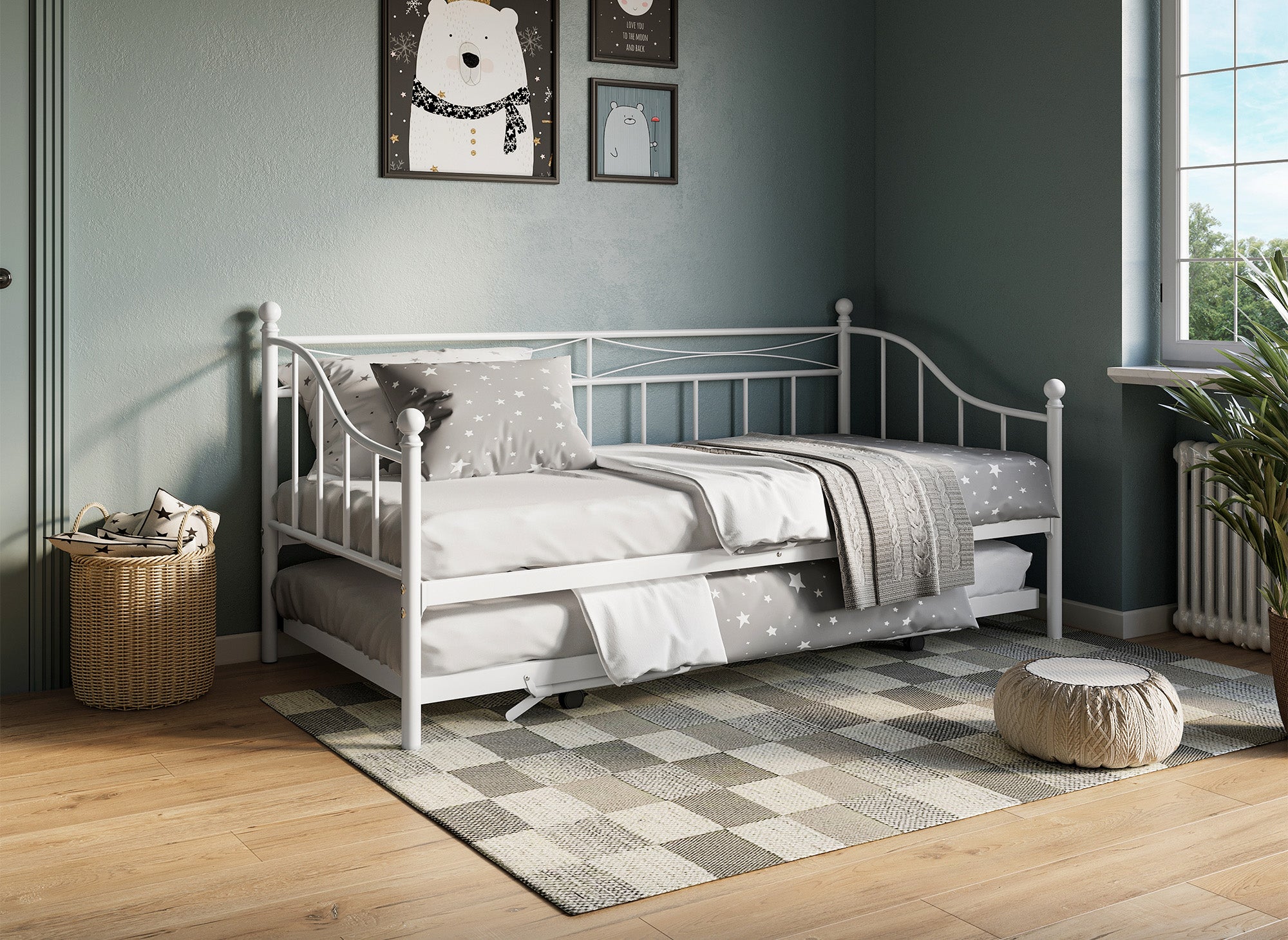 Lit banquette gigogne en métal blanc ALICIA 90 x 190 cm