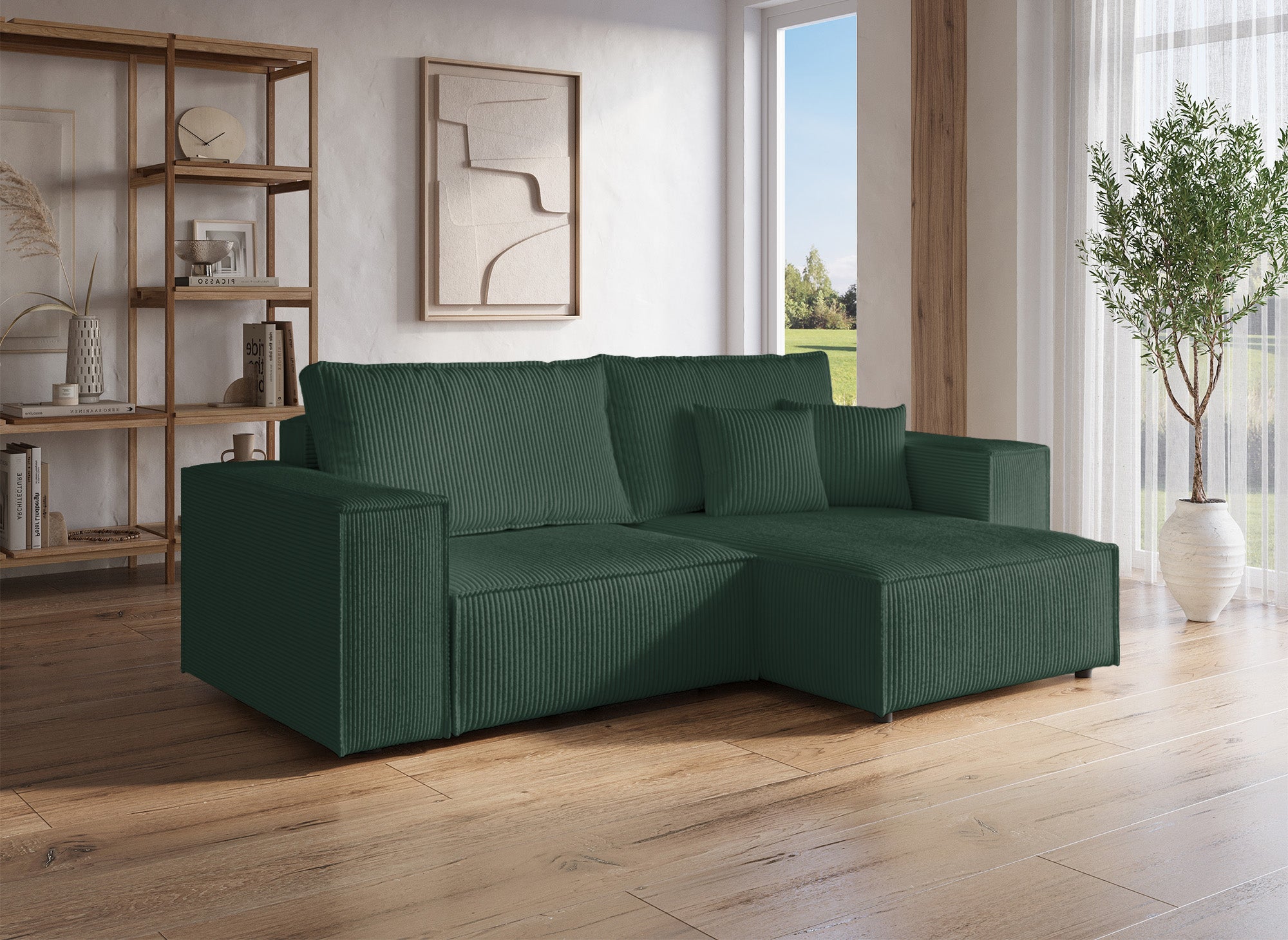 Canapé d'angle convertible et réversible avec coffre en velours côtelé vert JADE MINI