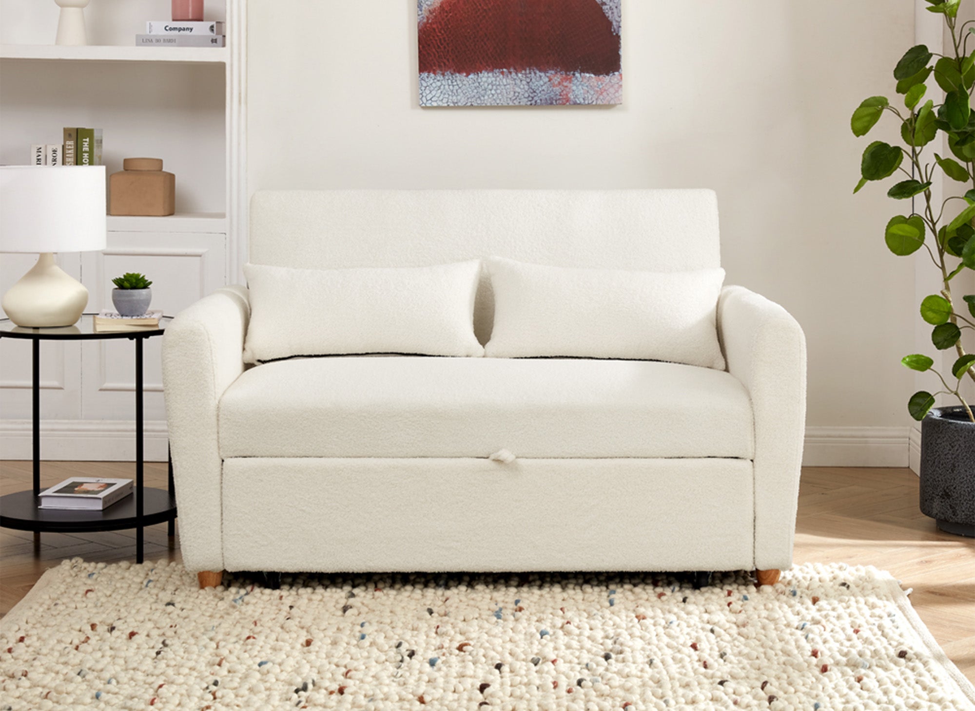 Canapé convertible scandinave en tissu bouclette blanc écru KALAYA