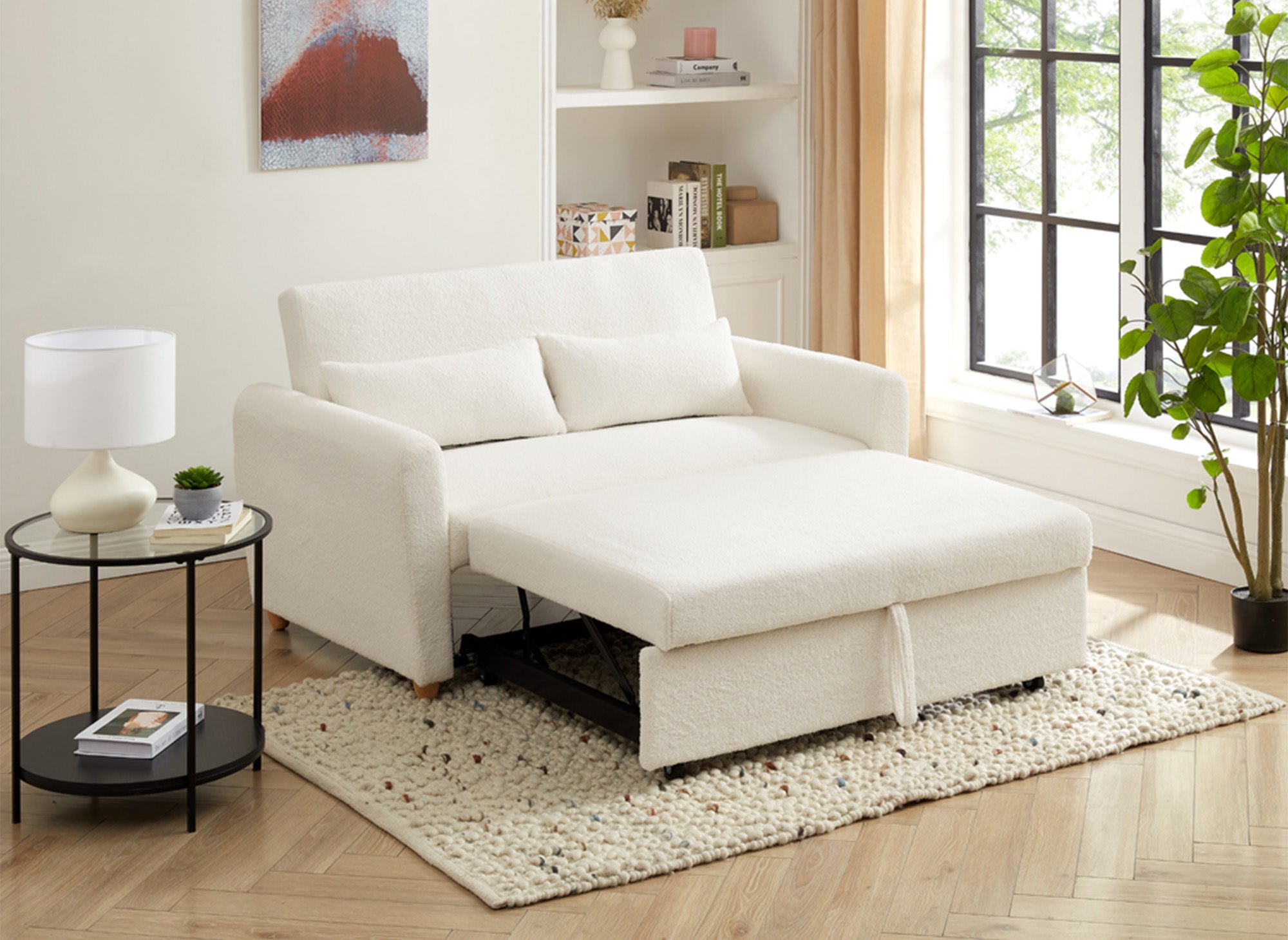 Canapé convertible scandinave en tissu bouclette blanc écru KALAYA