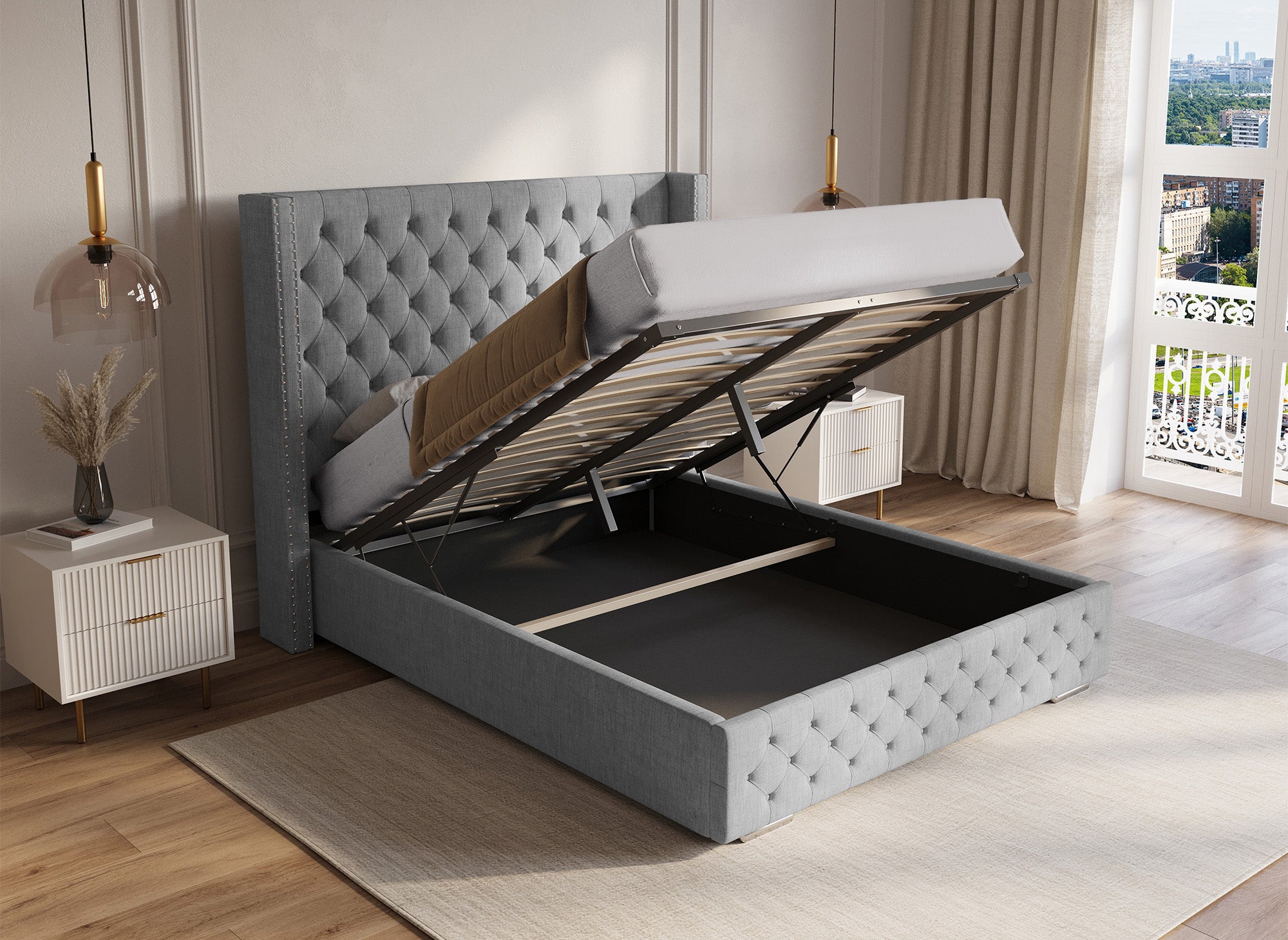 Lit coffre en tissu lin gris 140X190 cm MAXI