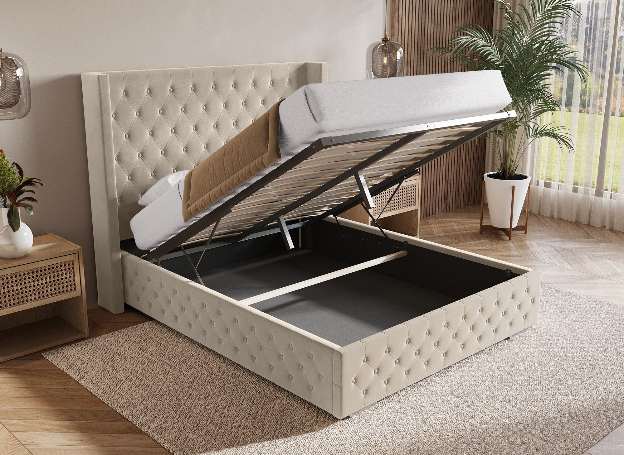 Letto contenitore in velluto beige 160X200 cm PERLA