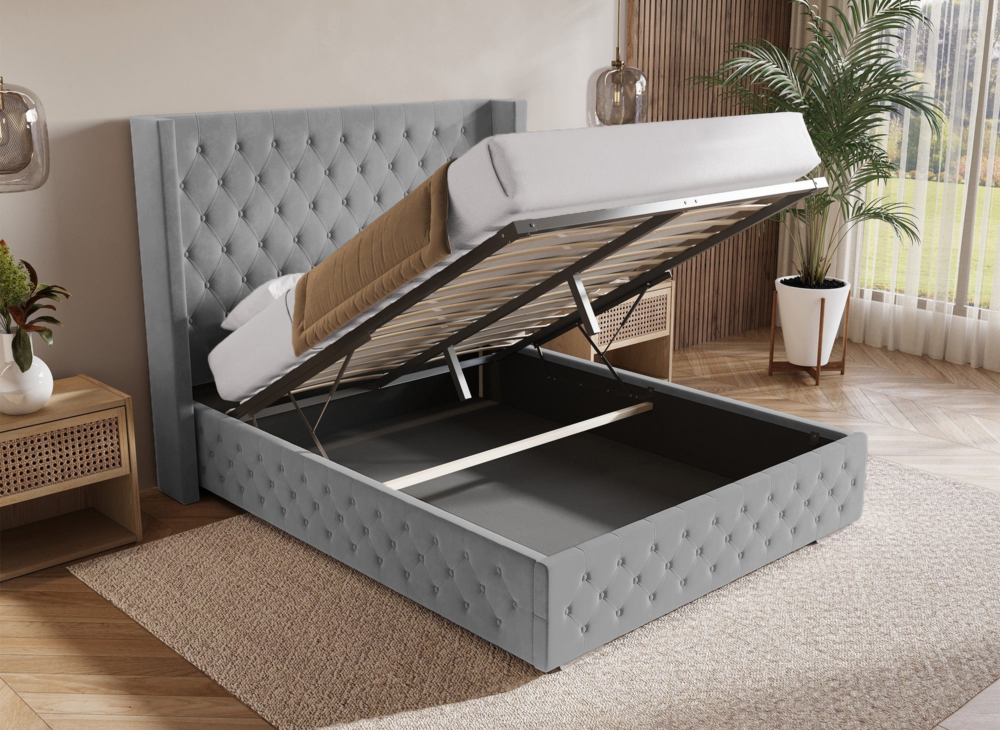 Lit coffre en velours gris 140X190 cm PERLA