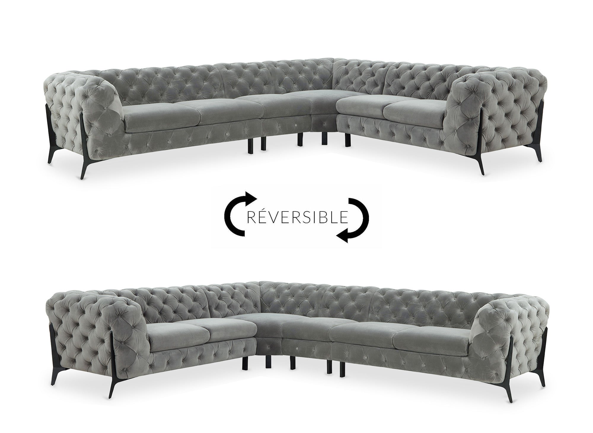 Canapé capitonné chesterfield d'angle réversible en velours gris CARMEN