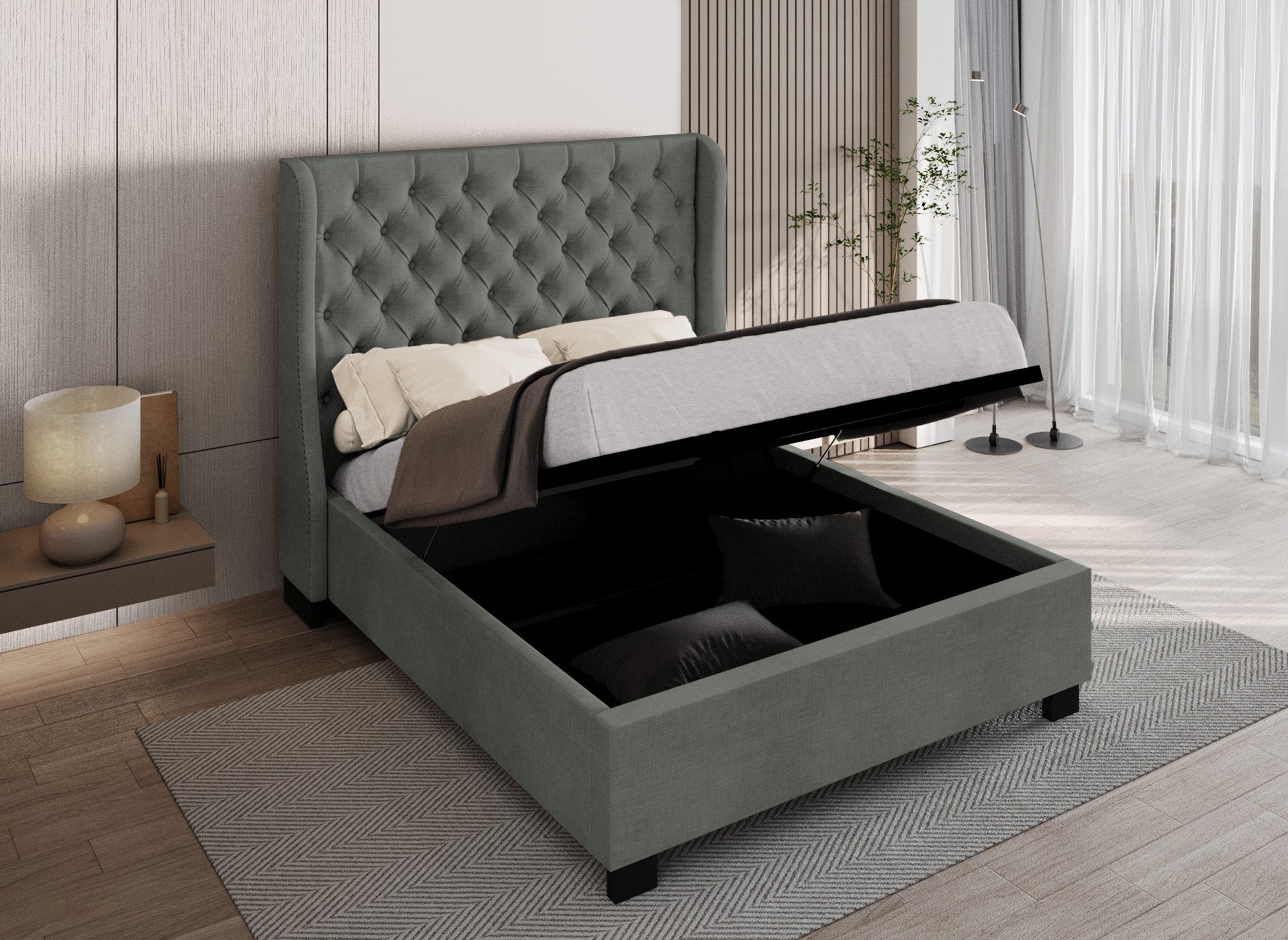 Lit coffre capitonné en tissu lin gris FLORINE 180 x 200 cm