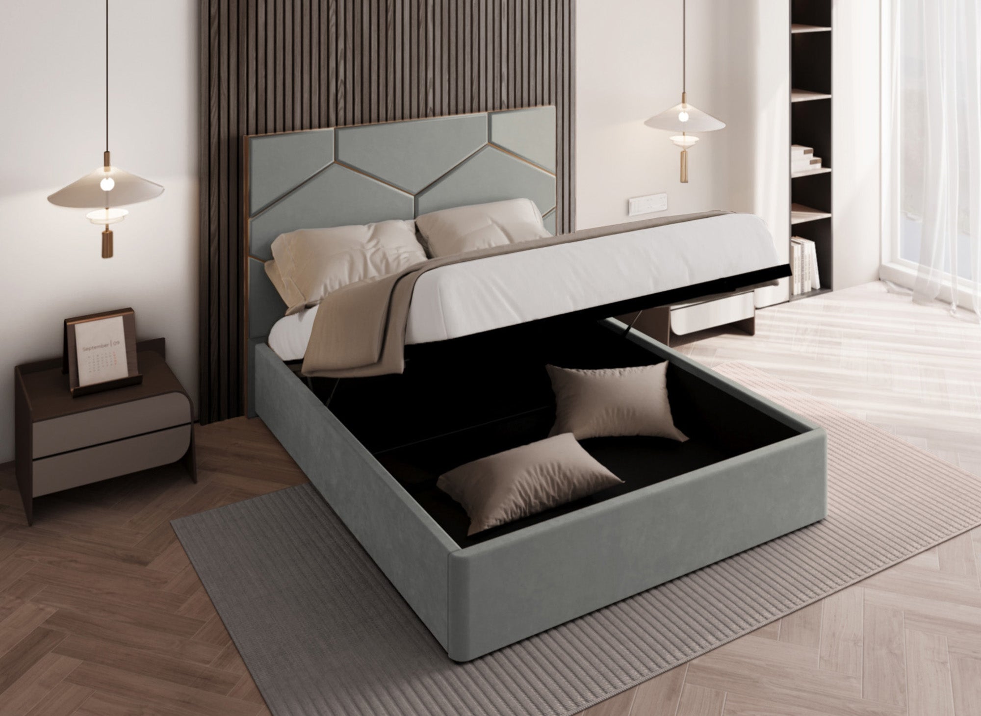 Lit coffre avec tête de lit design en velours gris LARA 140 x 190 cm