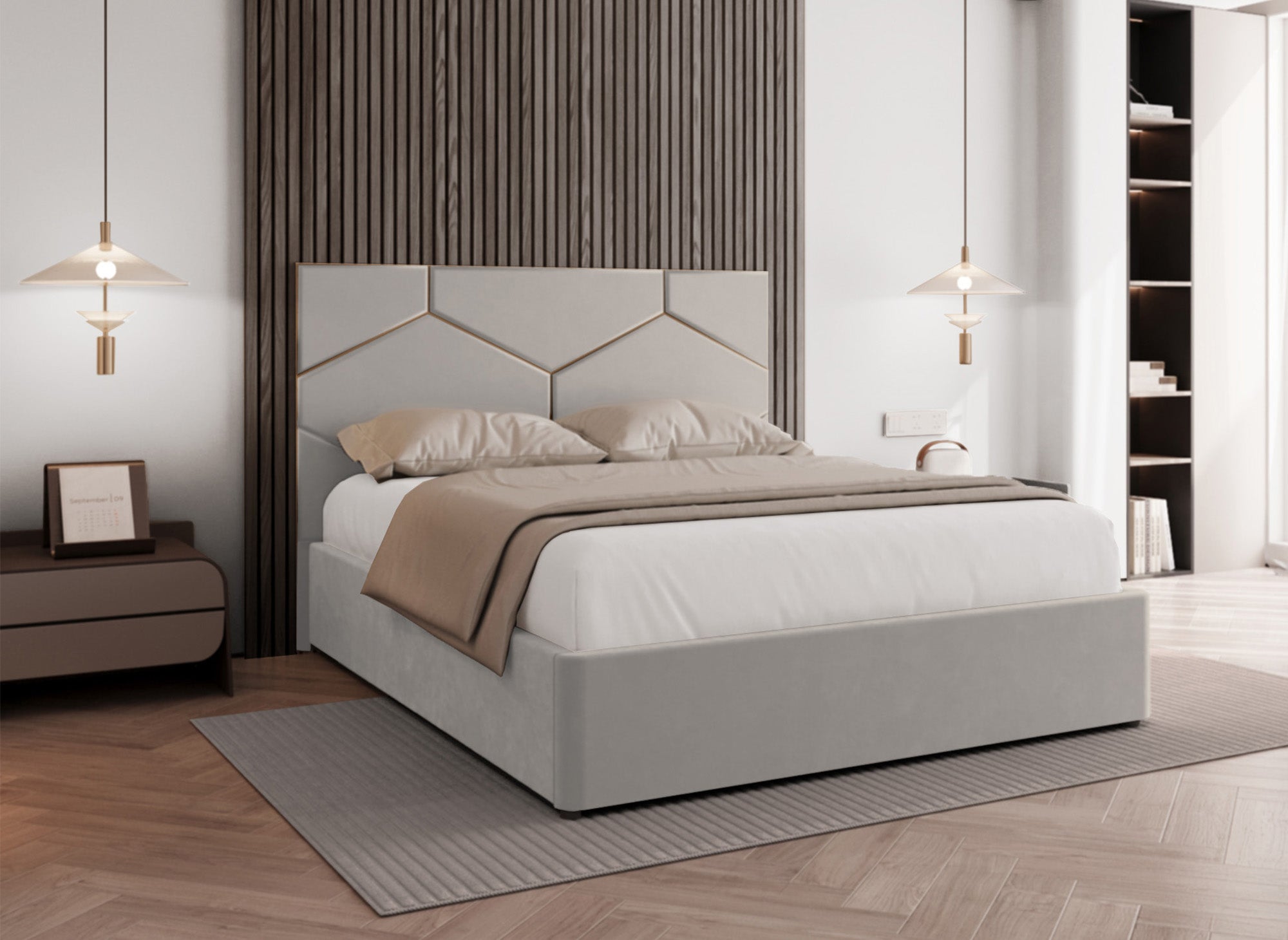 Letto contenitore con testiera di design in velluto tortora LARA 140 x 190 cm