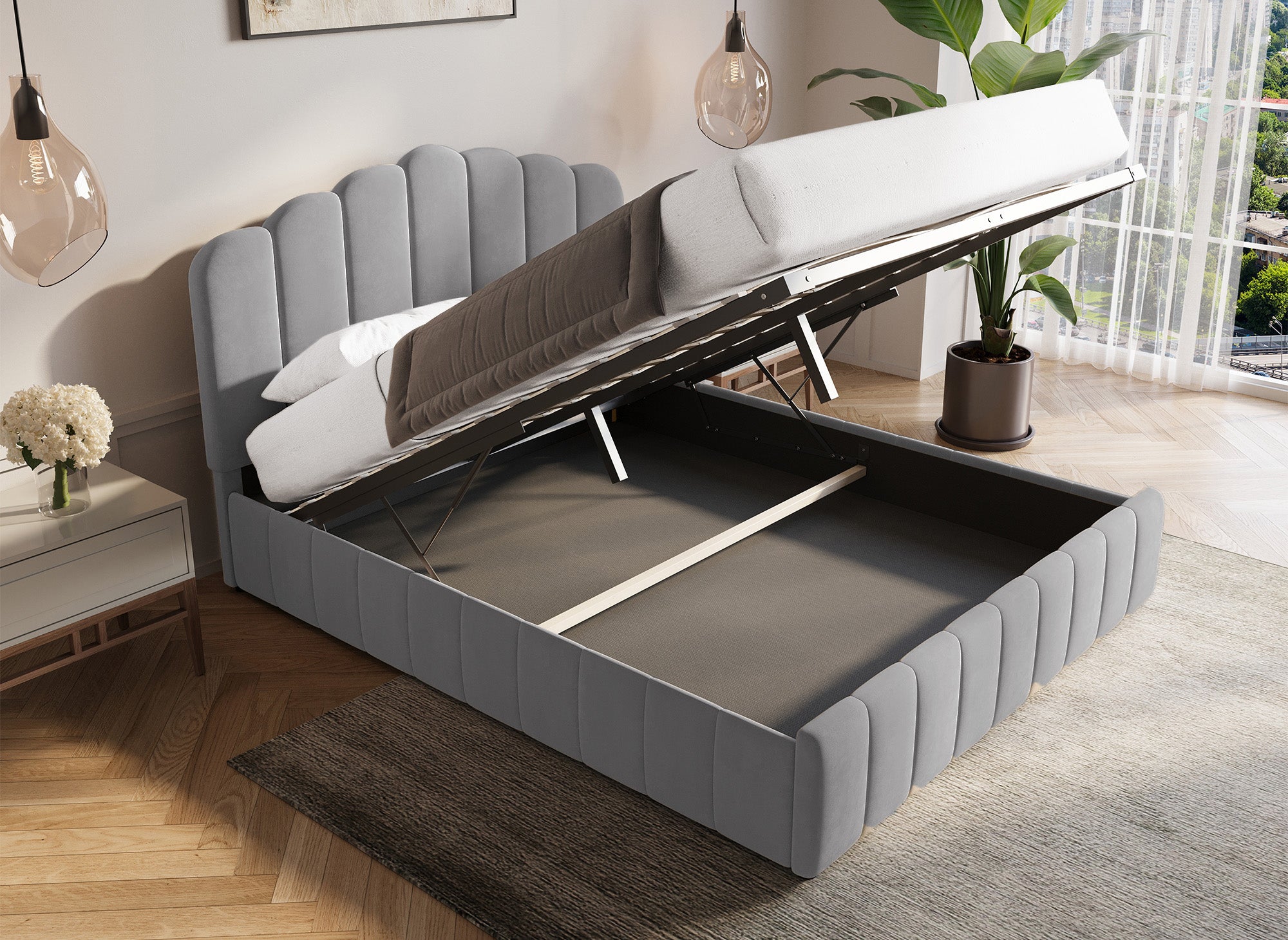 Lit coffre en velours gris 160x200 cm ELVIRA