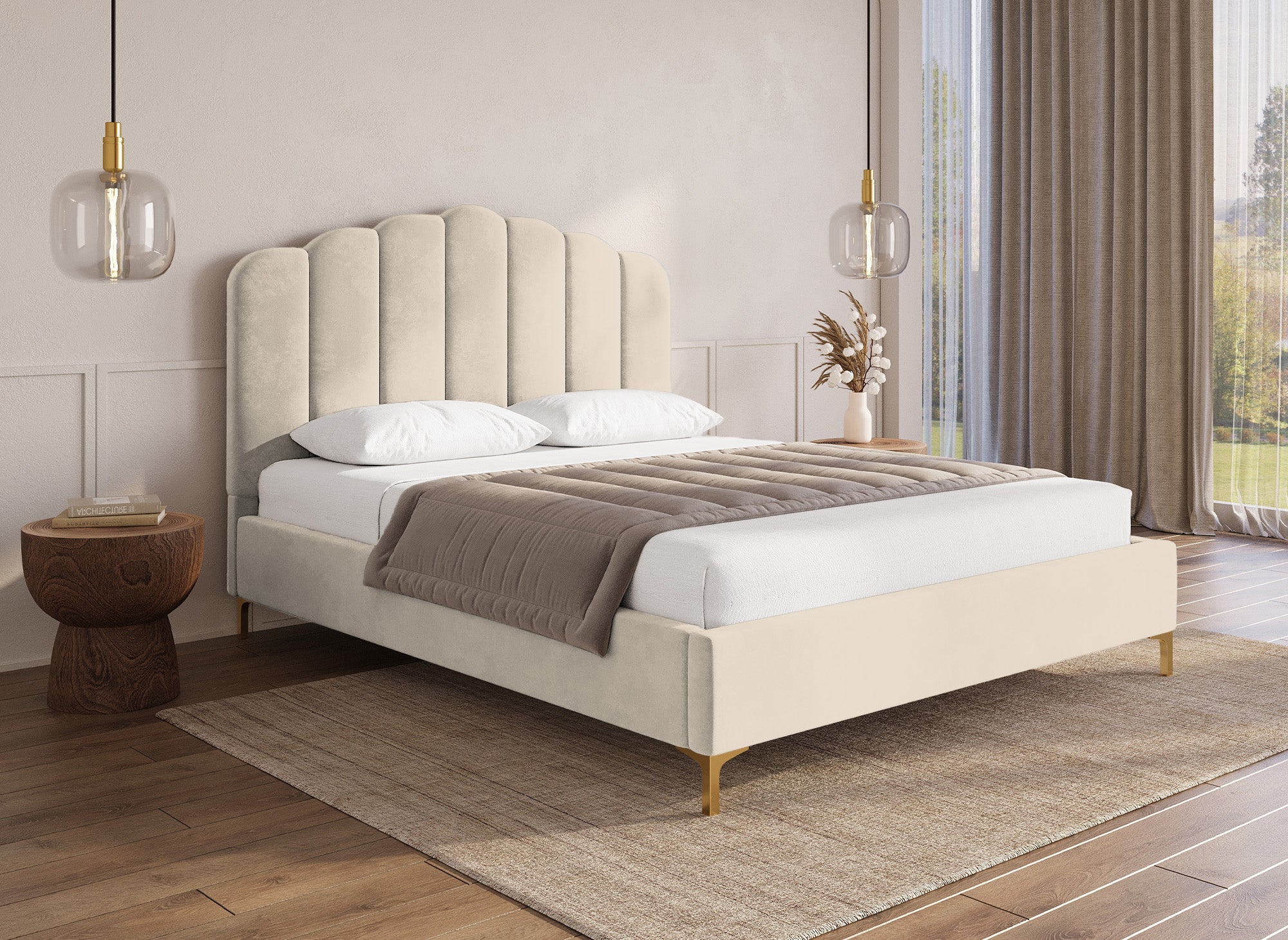 Lit double en velours beige 140x190 cm MARION