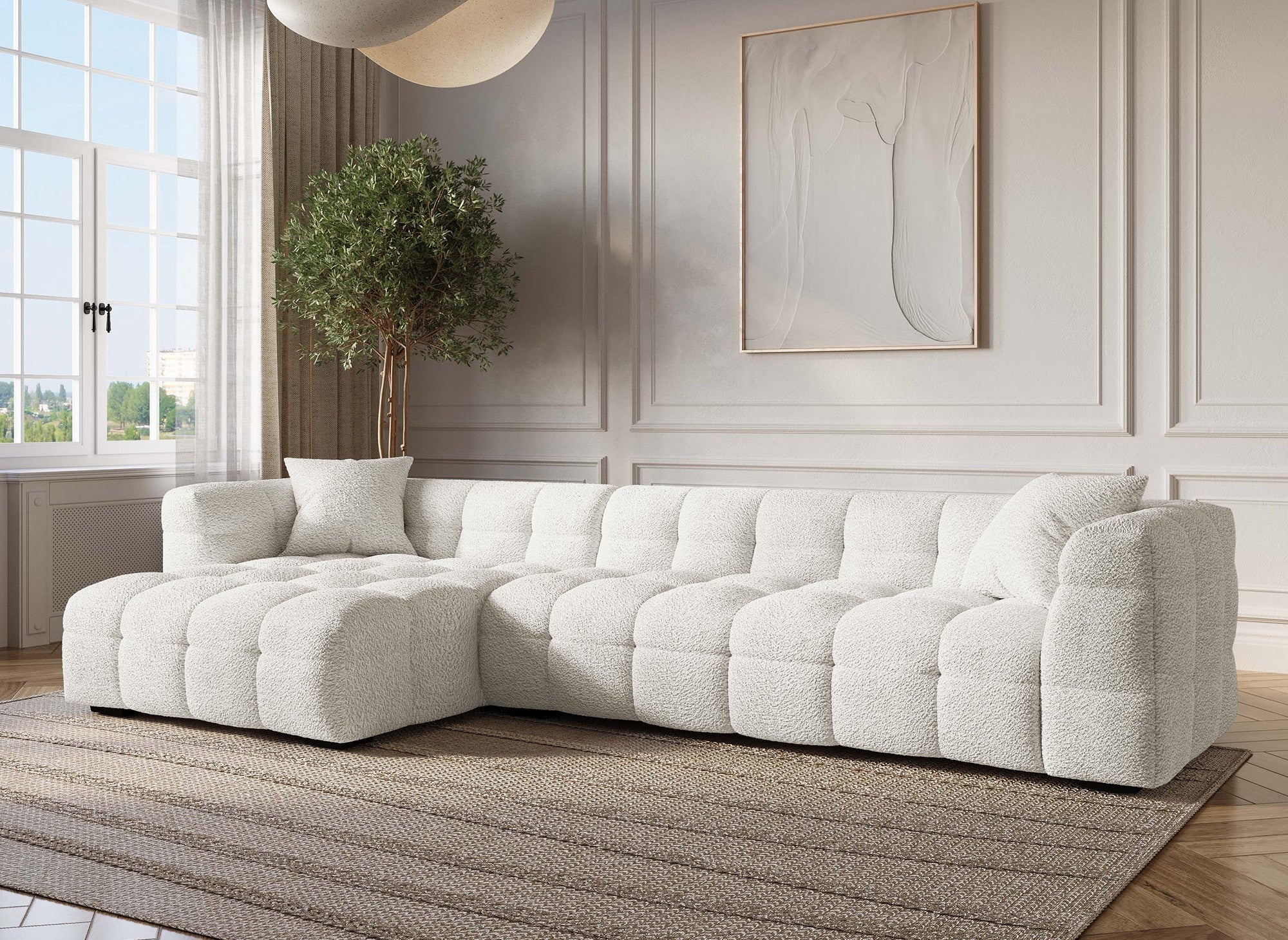 Canapé d'angle effet peau de mouton blanc écru BELLA - Angle gauche