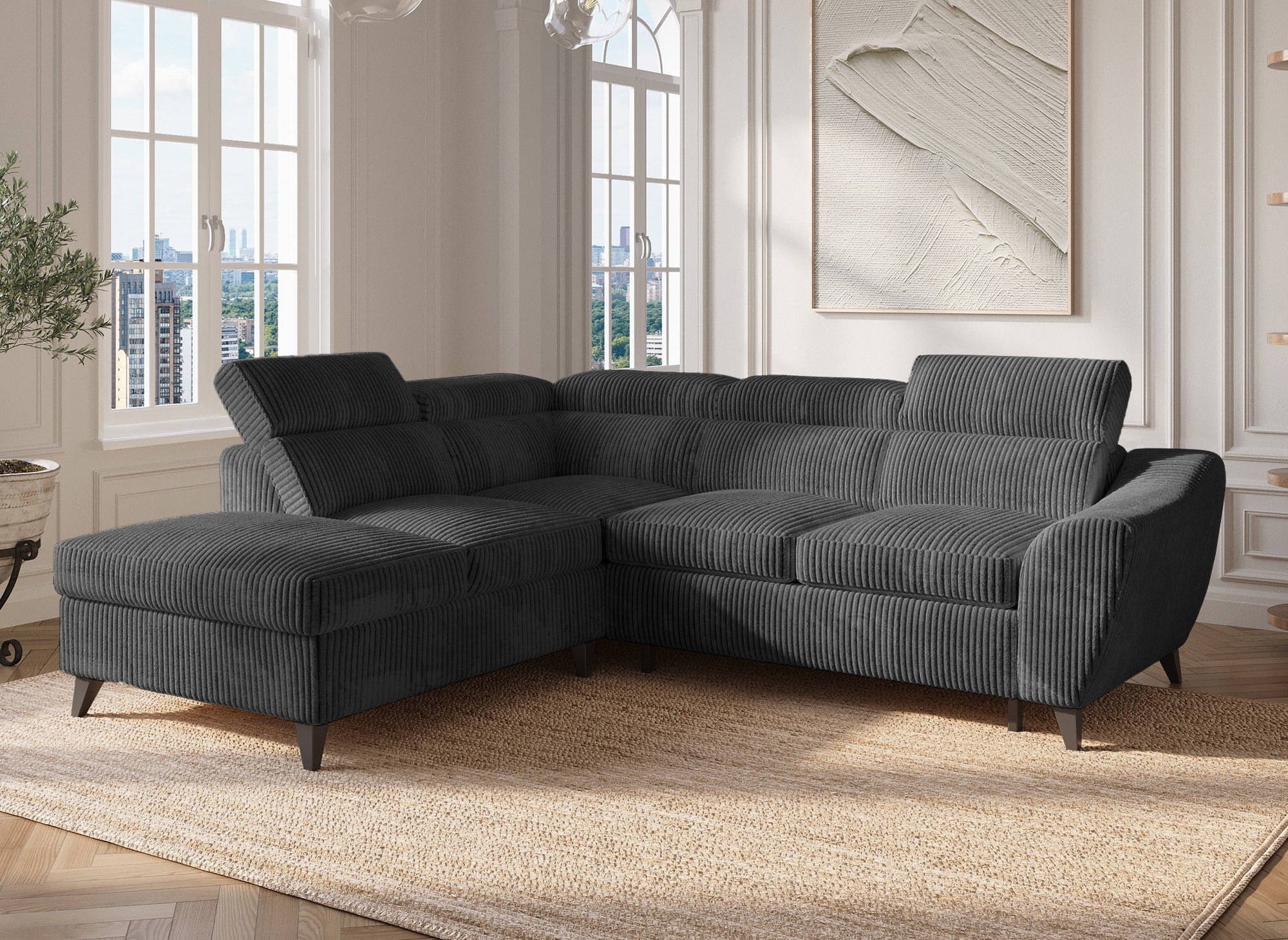 Canapé d'angle convertible avec coffre en velours côtelé épais gris DALTON - Angle gauche