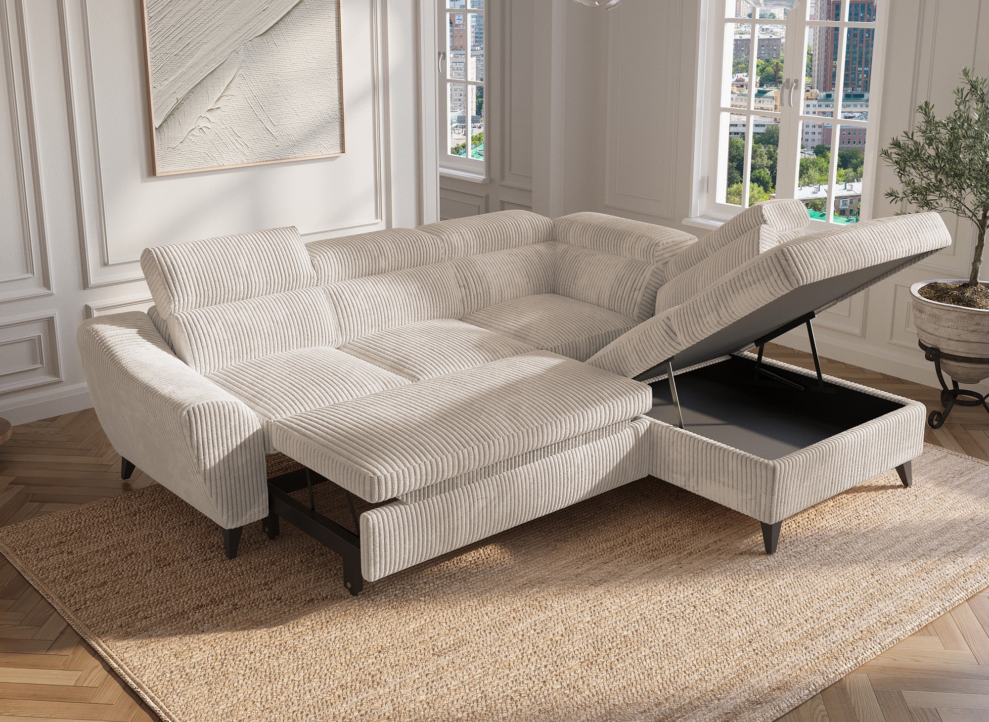 Canapé d'angle convertible avec coffre en velours côtelé épais beige DALTON - Angle droit