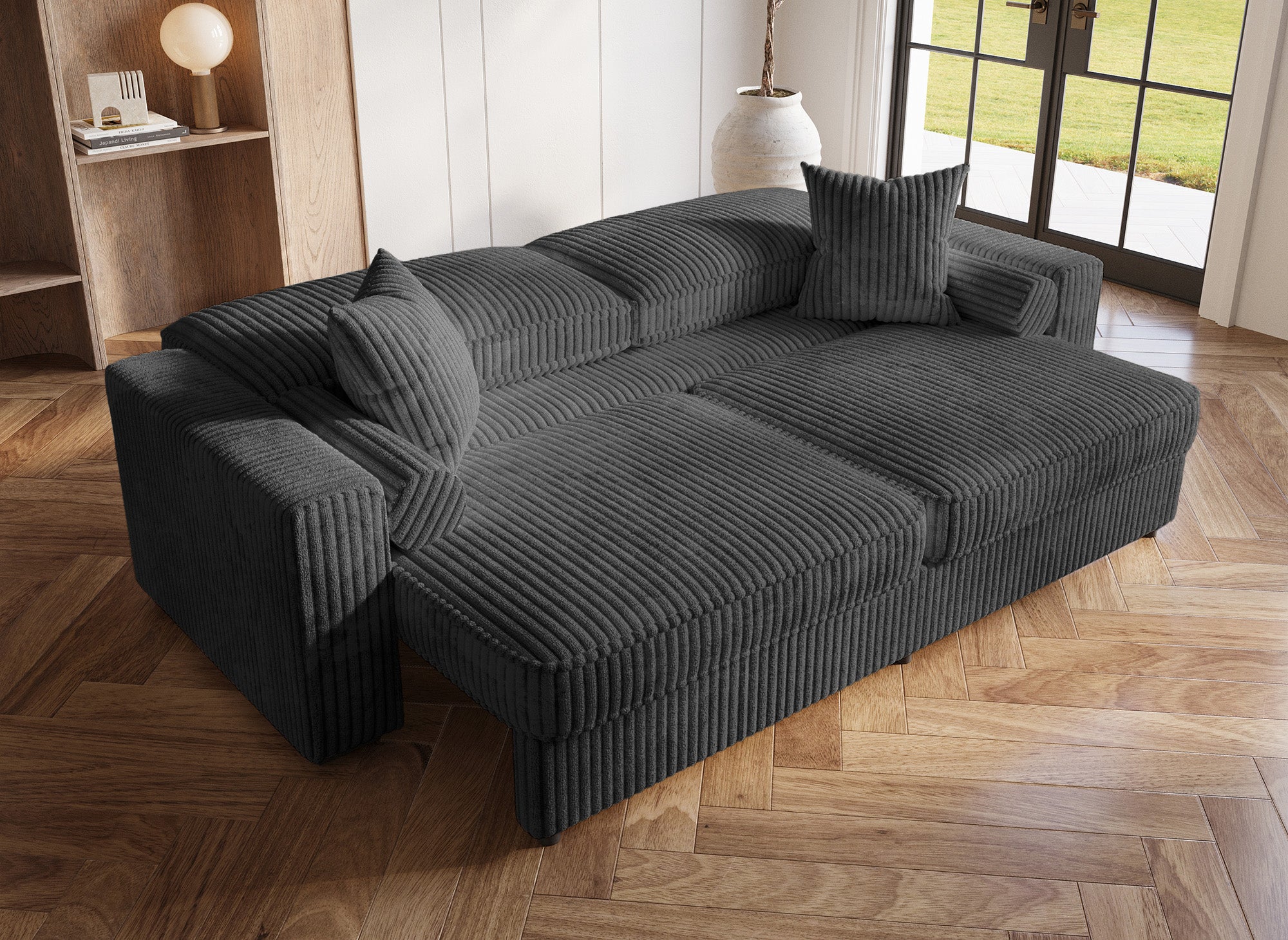 Canapé convertible 3 places en velours côtelé épais gris ALINE