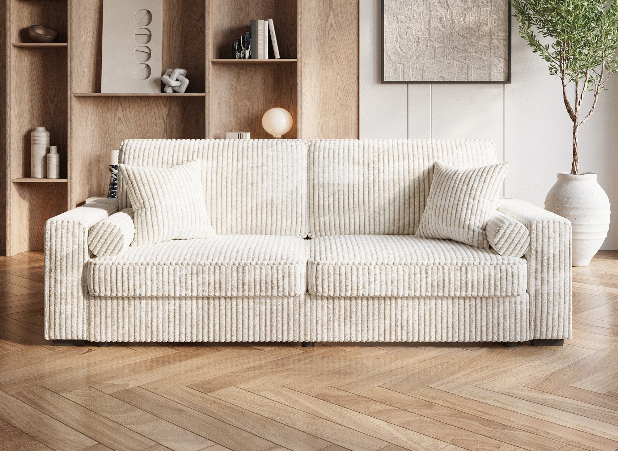 Canapé convertible 3 places en velours côtelé épais beige ALINE