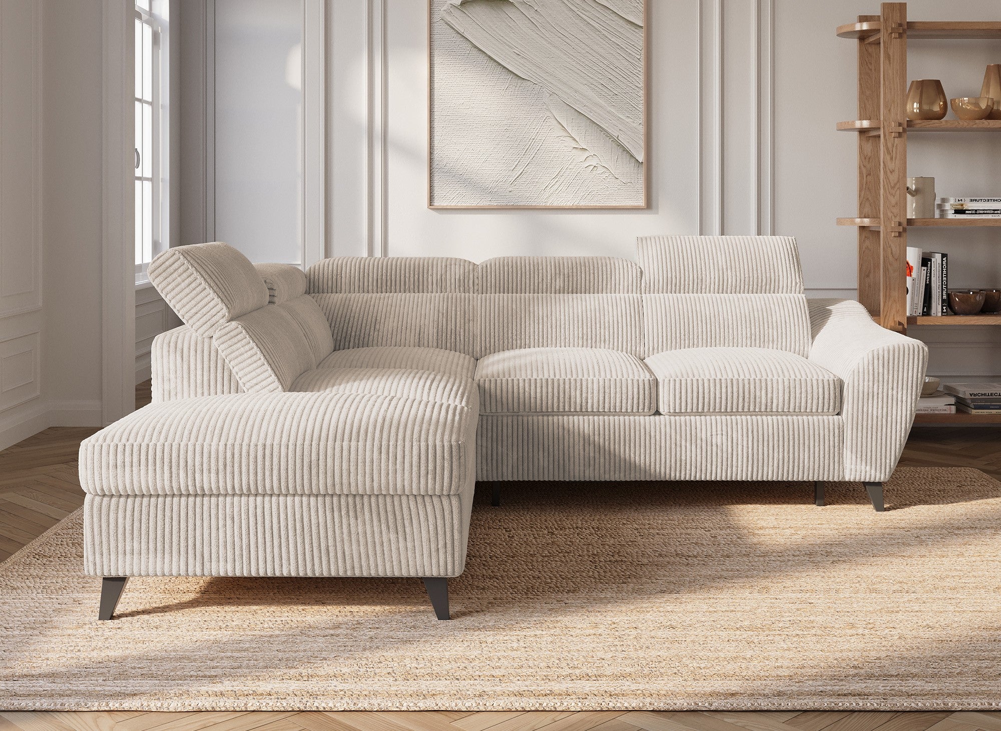 Canapé d'angle convertible avec coffre en velours côtelé épais beige DALTON - Angle gauche