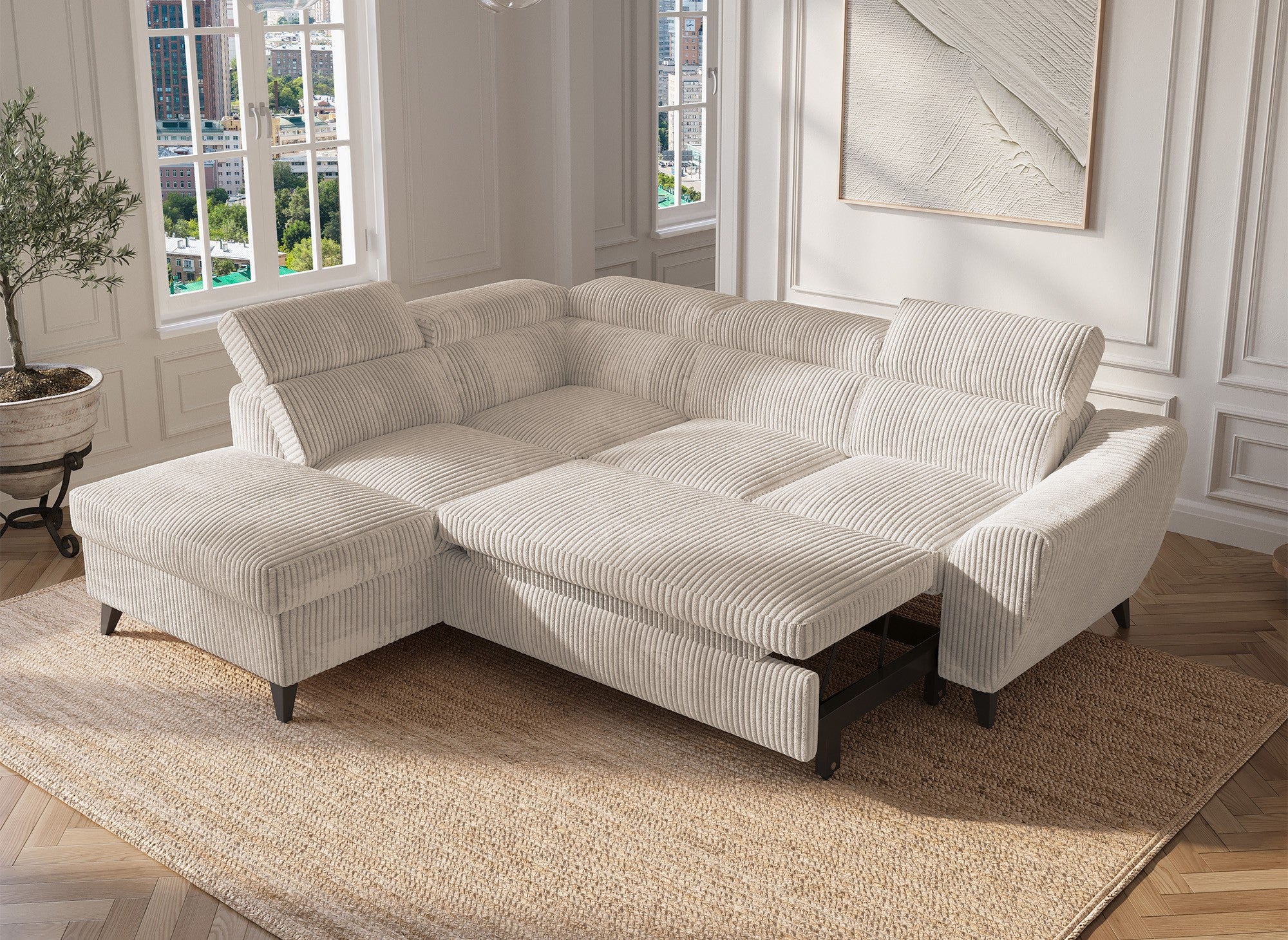 Canapé d'angle convertible avec coffre en velours côtelé épais beige DALTON - Angle gauche