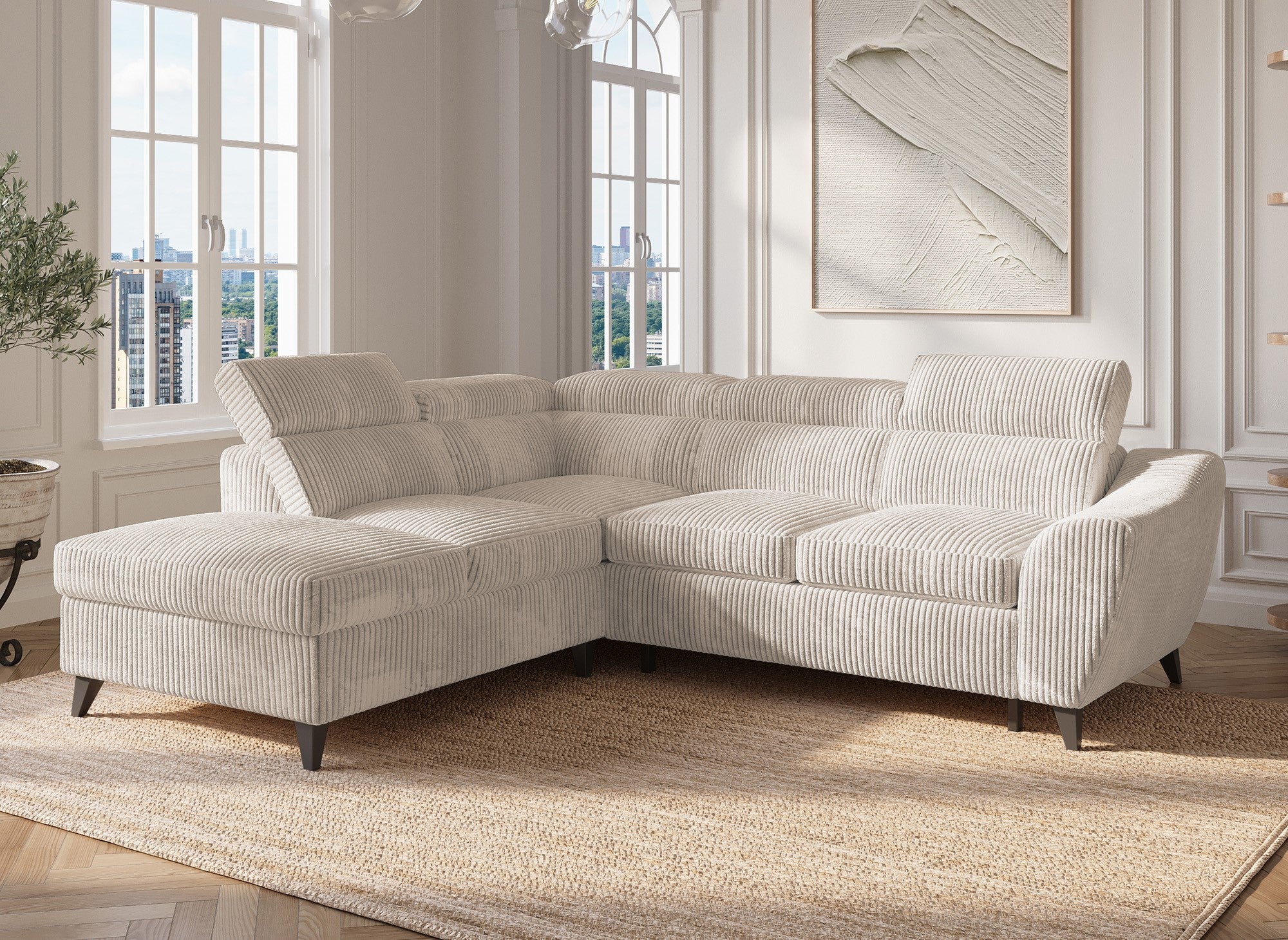 Canapé d'angle convertible avec coffre en velours côtelé épais beige DALTON - Angle gauche