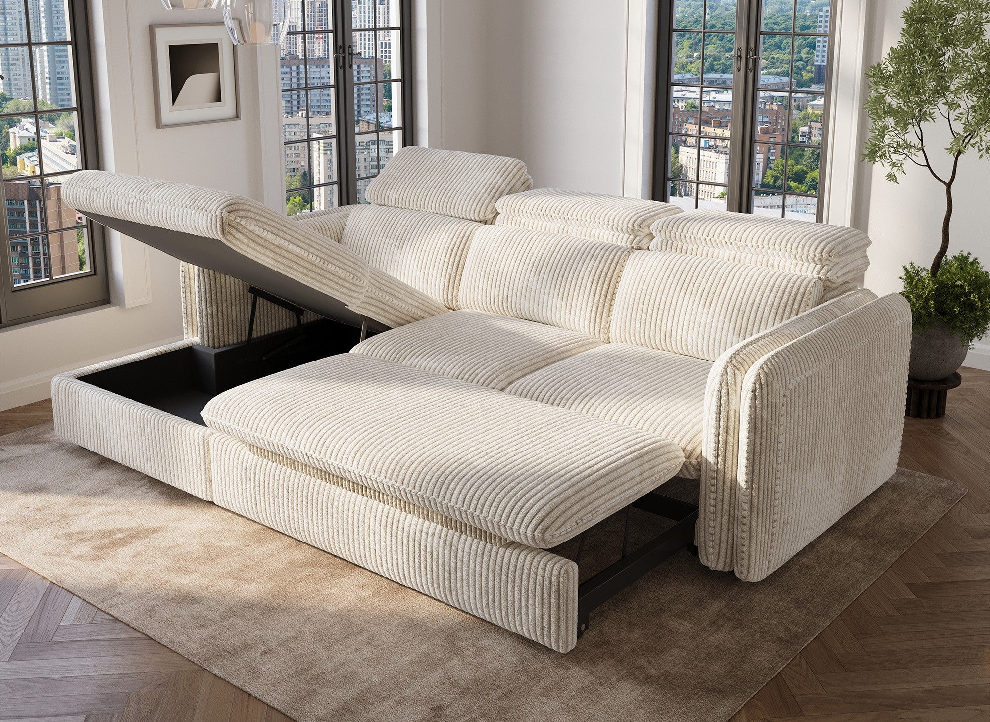 Canapé d'angle convertible en velours côtelé épais beige ISABELLA - Angle gauche