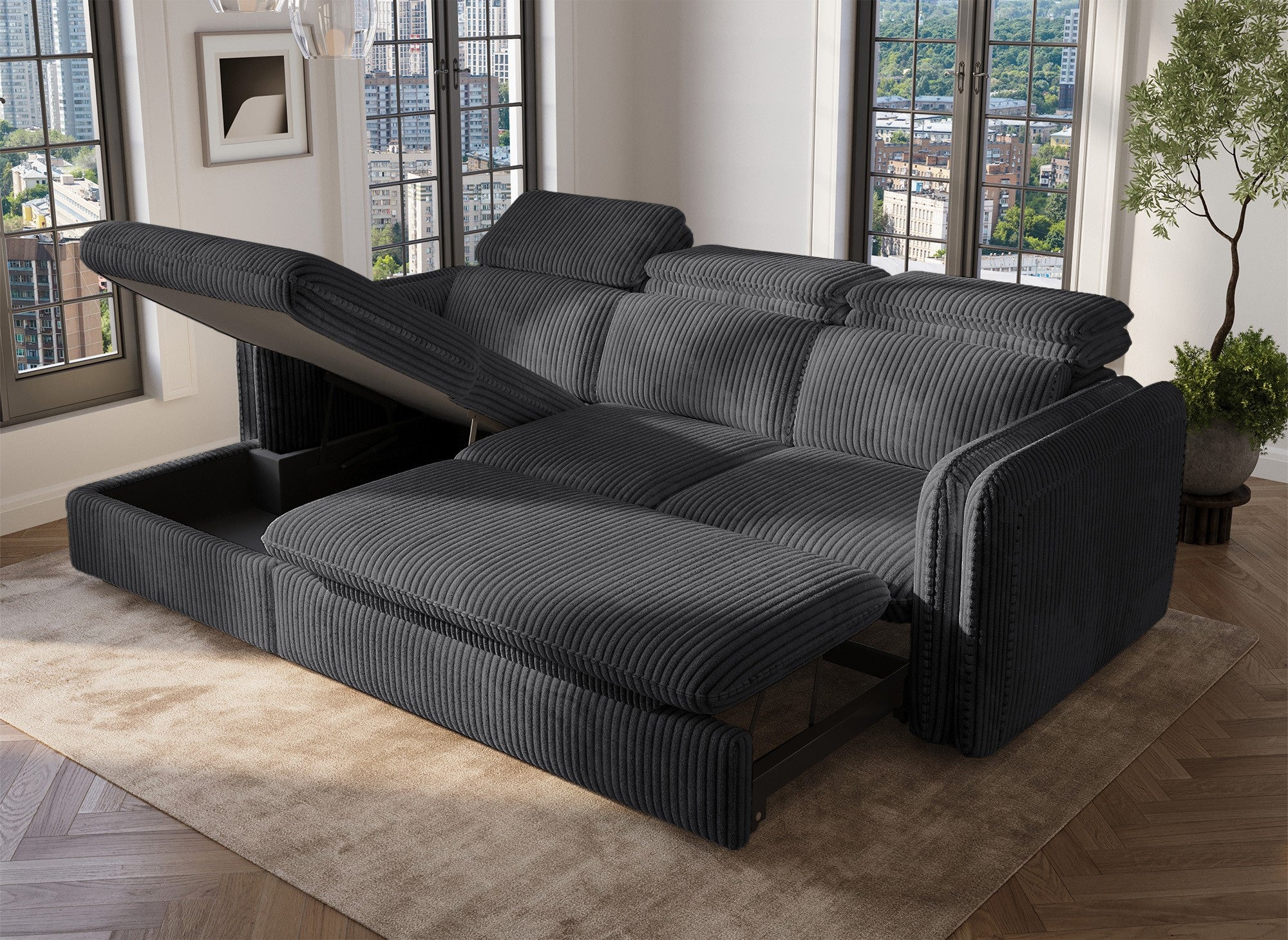 Canapé d'angle convertible en velours côtelé épais gris ISABELLA - Angle gauche