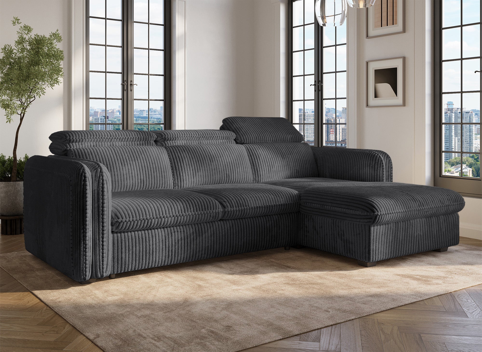 Canapé d'angle convertible en velours côtelé épais gris ISABELLA - Angle droit