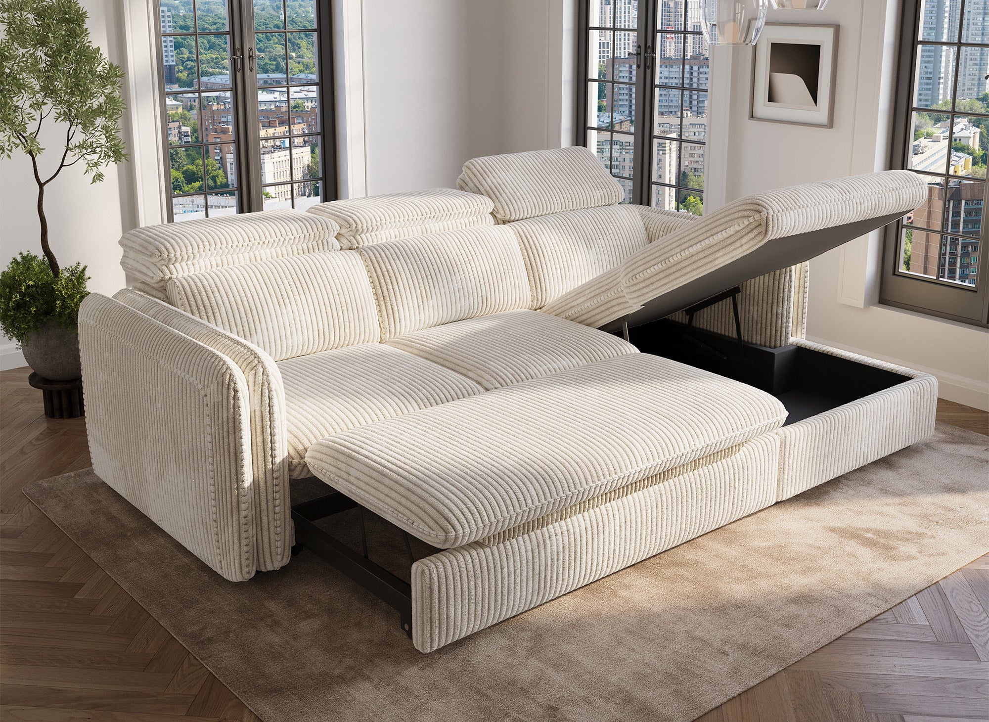 Canapé d'angle convertible en velours côtelé épais beige ISABELLA - Angle droit