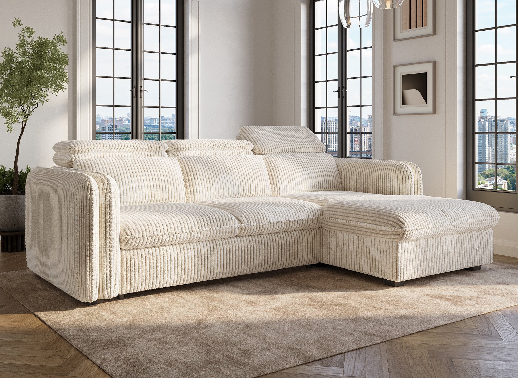 Canapé d'angle convertible en velours côtelé épais beige ISABELLA - Angle droit