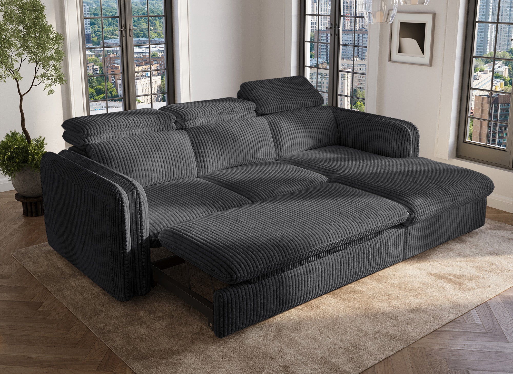 Canapé d'angle convertible en velours côtelé épais gris ISABELLA - Angle droit