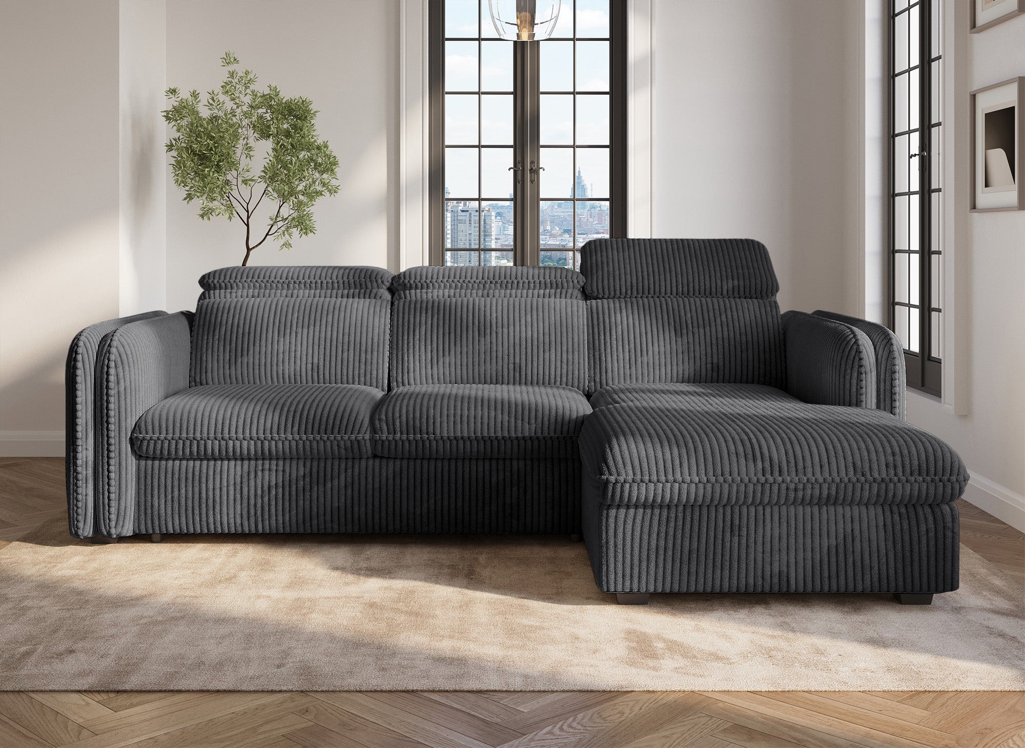 Canapé d'angle convertible en velours côtelé épais gris ISABELLA - Angle droit