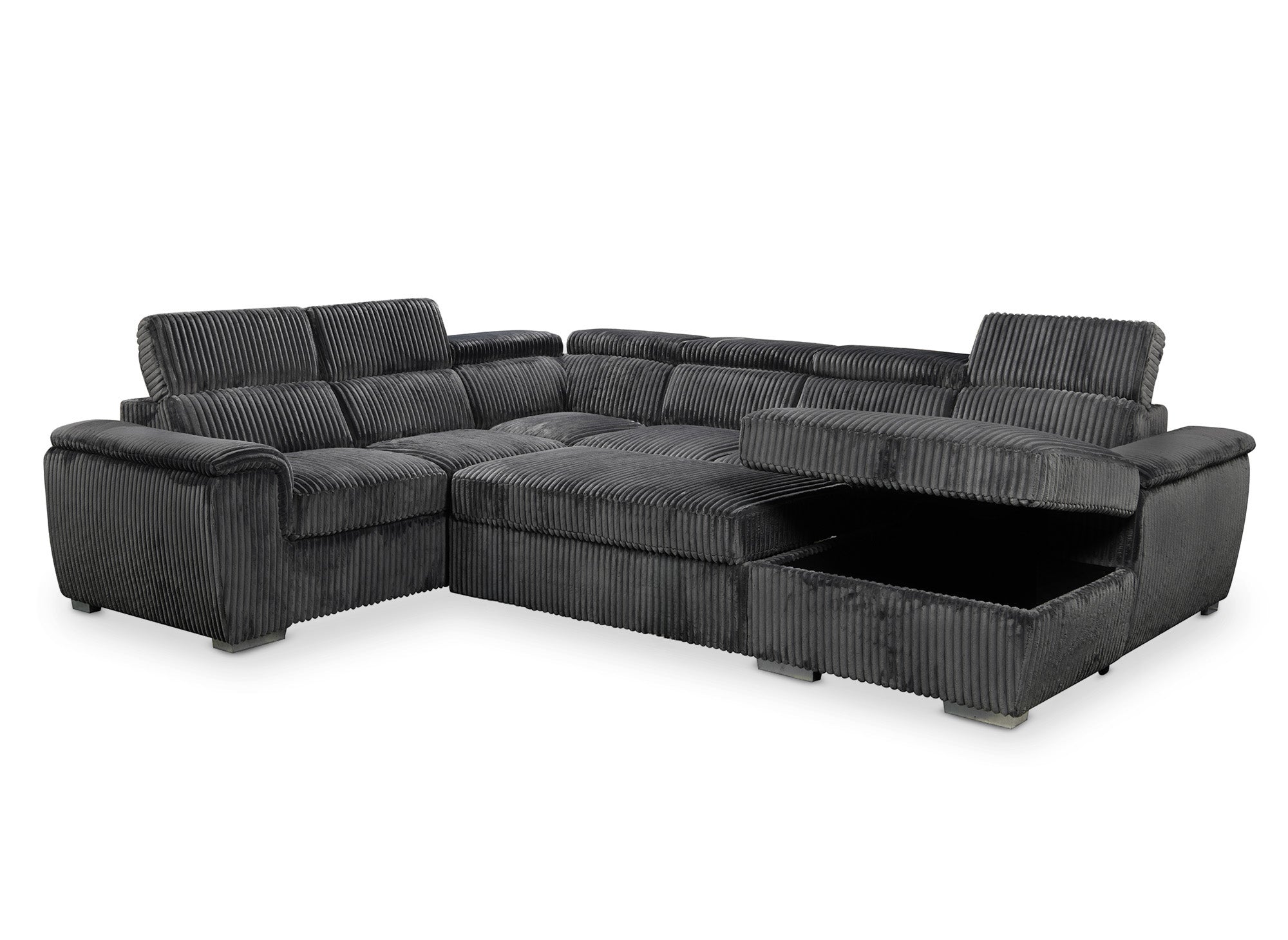 Canapé panoramique convertible avec coffre en velours côtelé épais gris GAELLE - angle droit