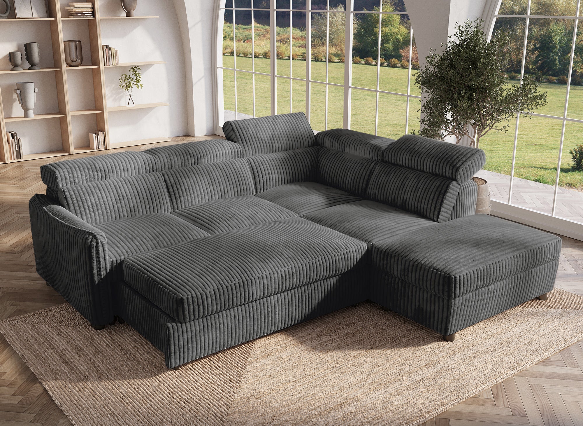 Canapé d'angle convertible en velours côtelé épais gris NAIROBI - Angle droit