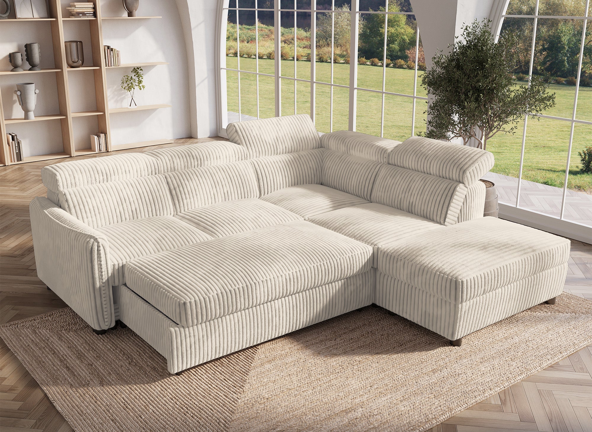 Canapé d'angle convertible en velours côtelé épais beige NAIROBI - Angle droit