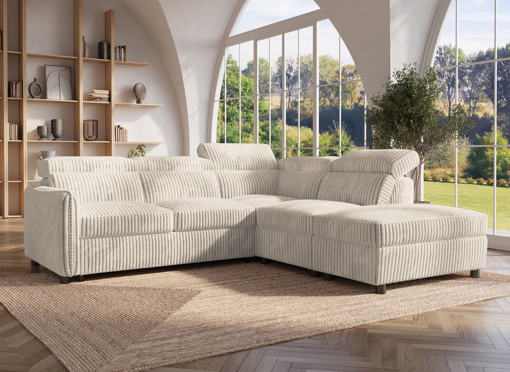 Canapé d'angle convertible en velours côtelé épais beige NAIROBI - Angle droit