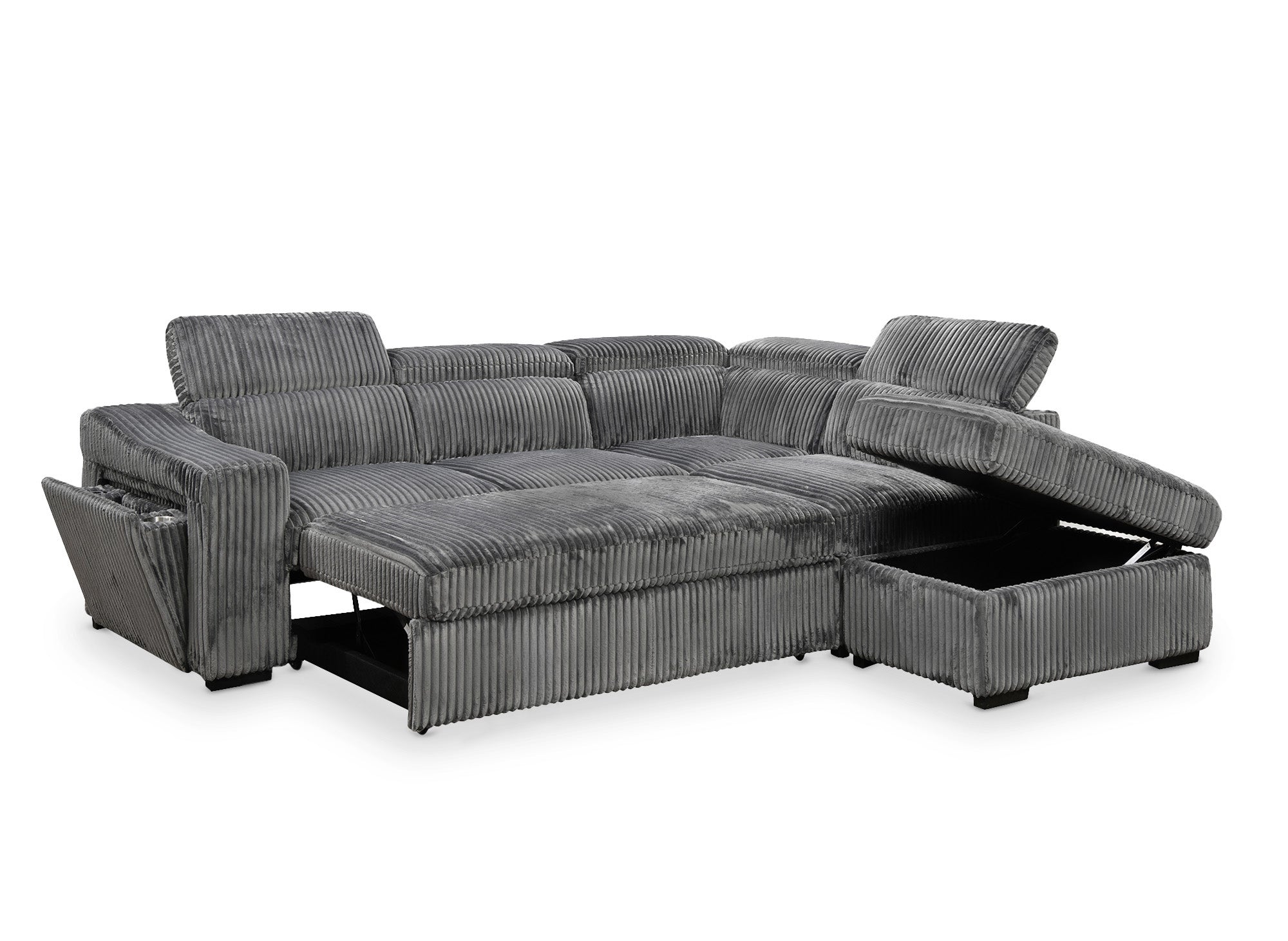 Canapé d'angle convertible avec coffre en velours côtelé gris MARTY - Angle droit