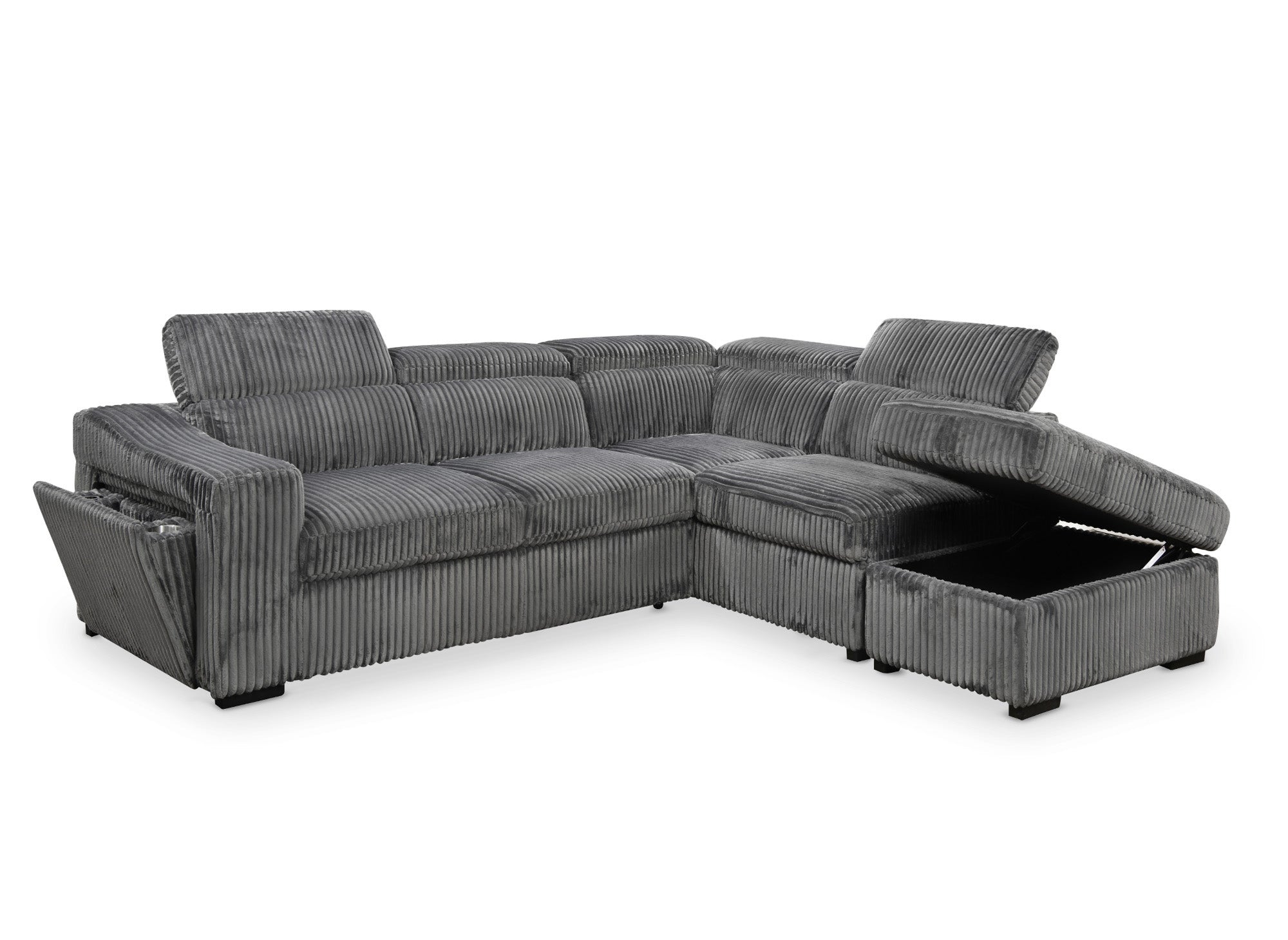 Canapé d'angle convertible avec coffre en velours côtelé gris MARTY - Angle droit