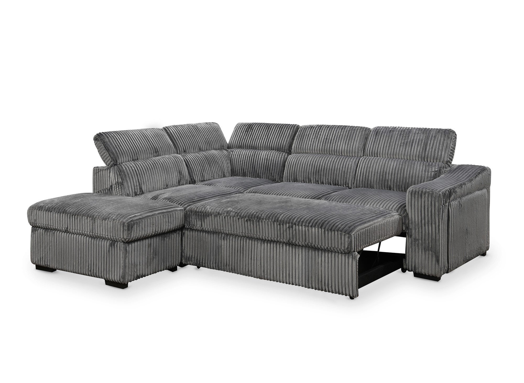 Canapé d'angle convertible avec coffre en velours côtelé gris MARTY - Angle gauche
