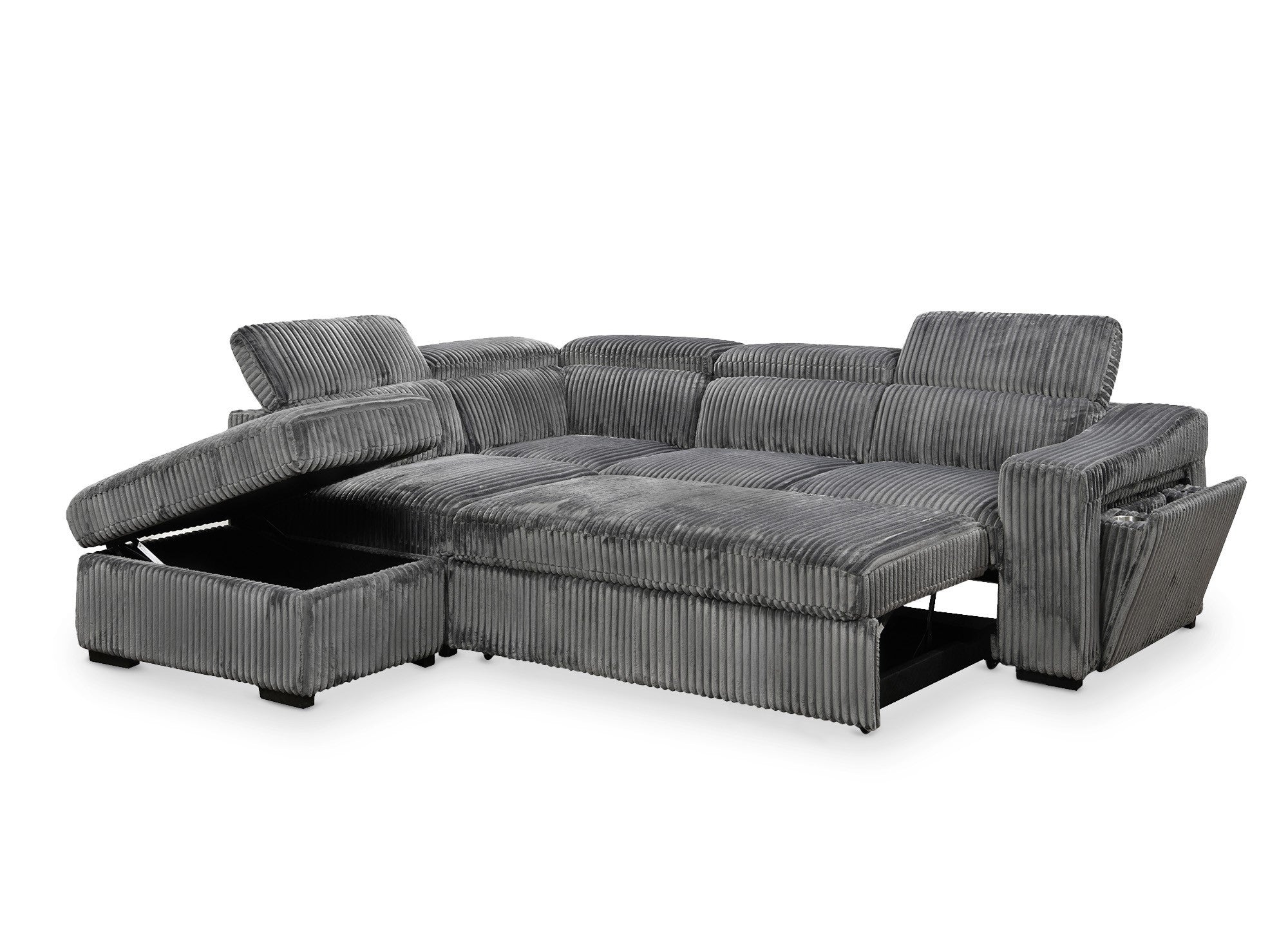 Canapé d'angle convertible avec coffre en velours côtelé gris MARTY - Angle gauche