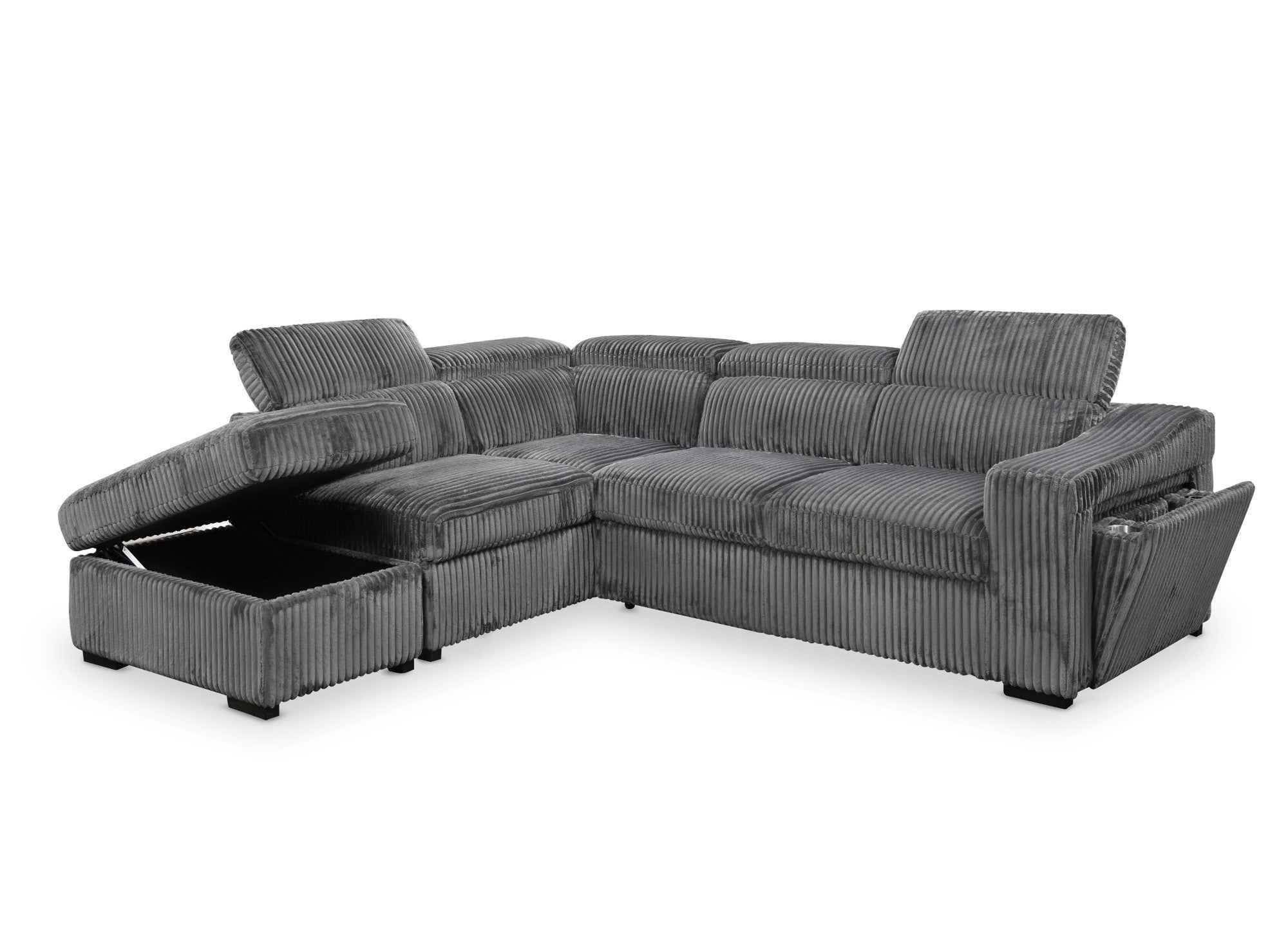 Canapé d'angle convertible avec coffre en velours côtelé gris MARTY - Angle gauche