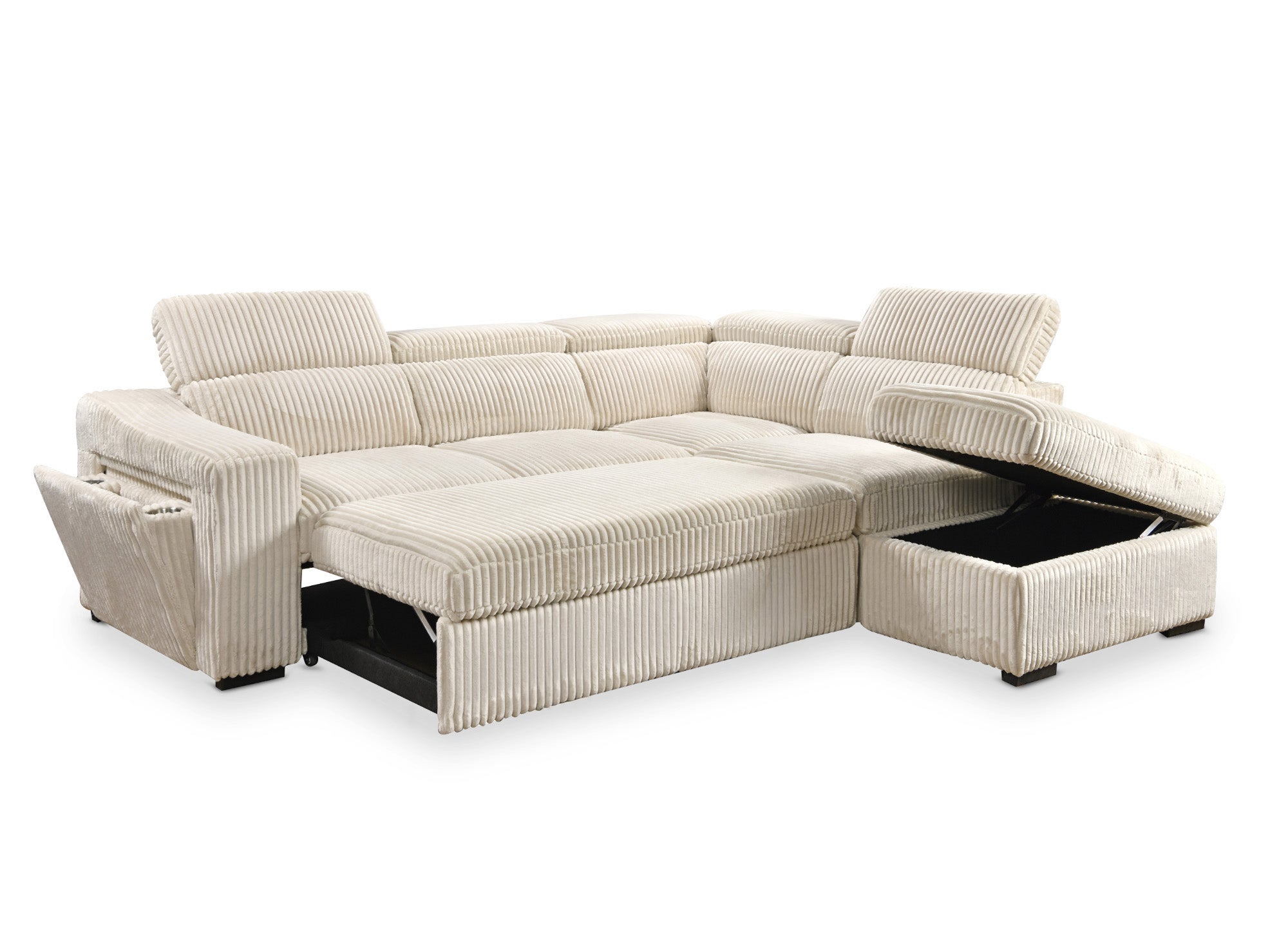 Canapé d'angle convertible avec coffre en velours côtelé beige MARTY - Angle droit