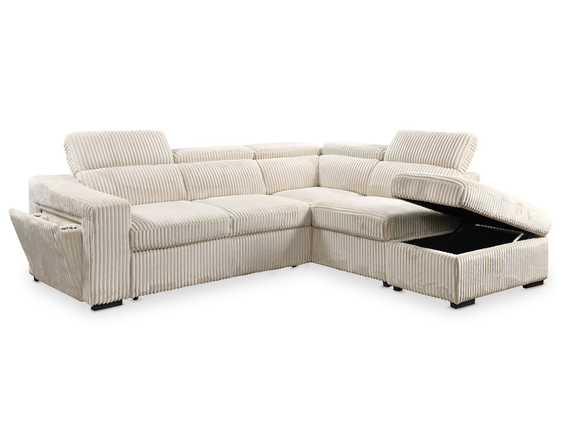 Canapé d'angle convertible avec coffre en velours côtelé beige MARTY - Angle droit