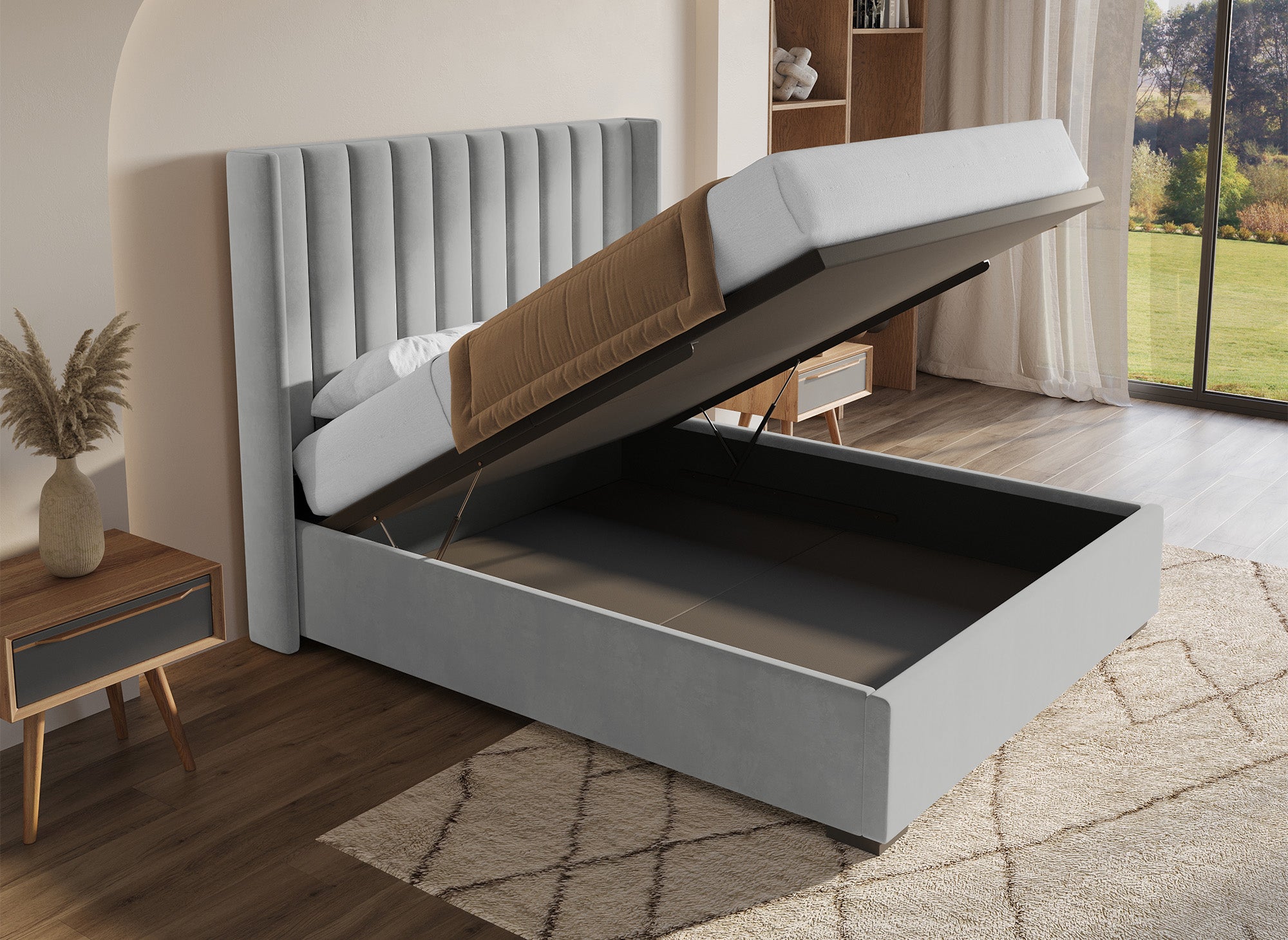 Lit coffre en velours gris 160x200 cm ALENA