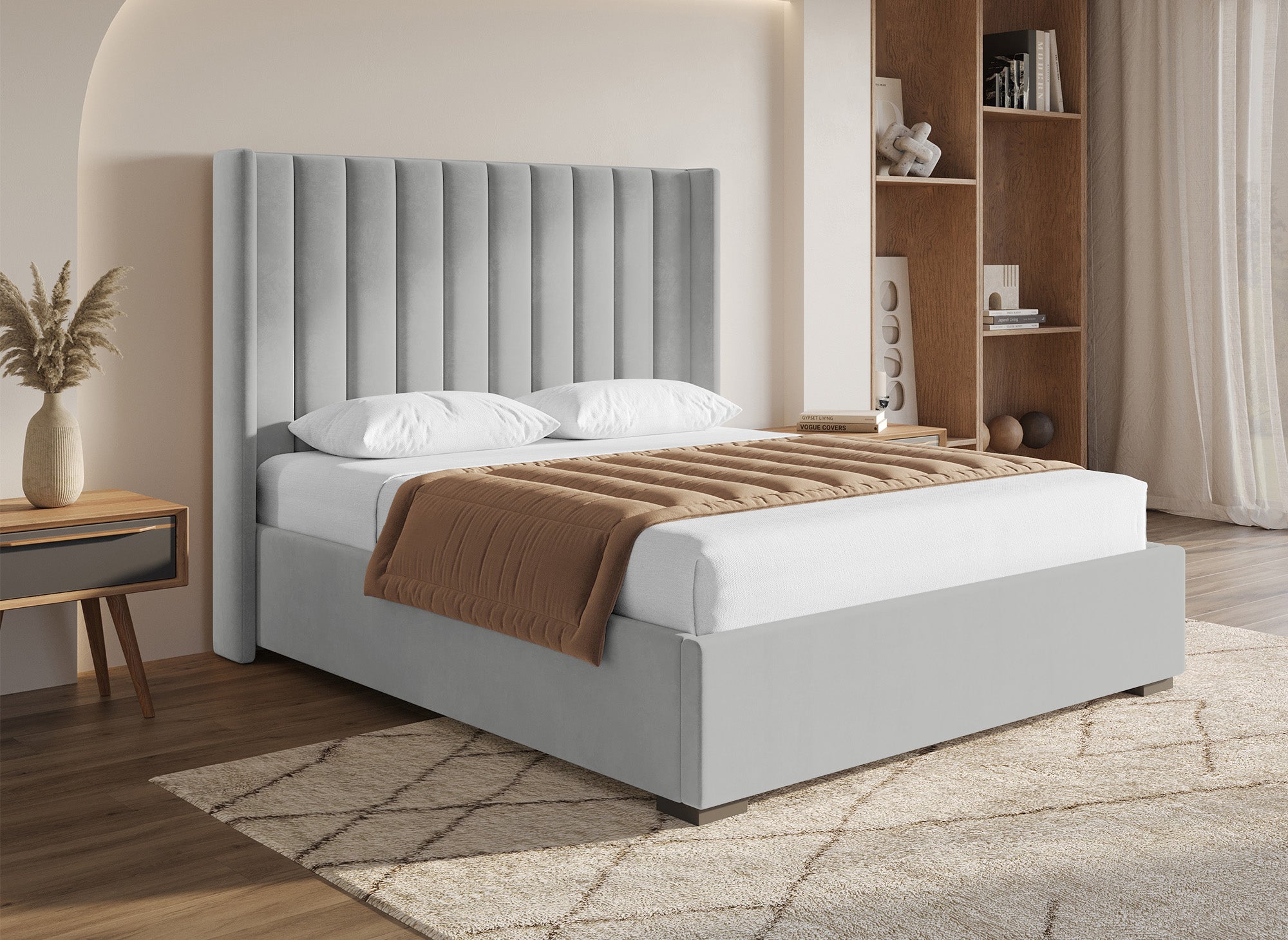 Lit coffre en velours gris 160x200 cm ALENA