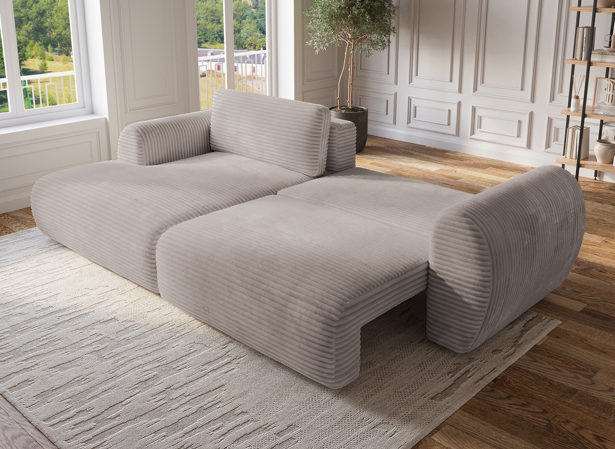 Canapé d'angle convertible avec coffre en velours gros côtelé doux taupe TILDA - Angle gauche