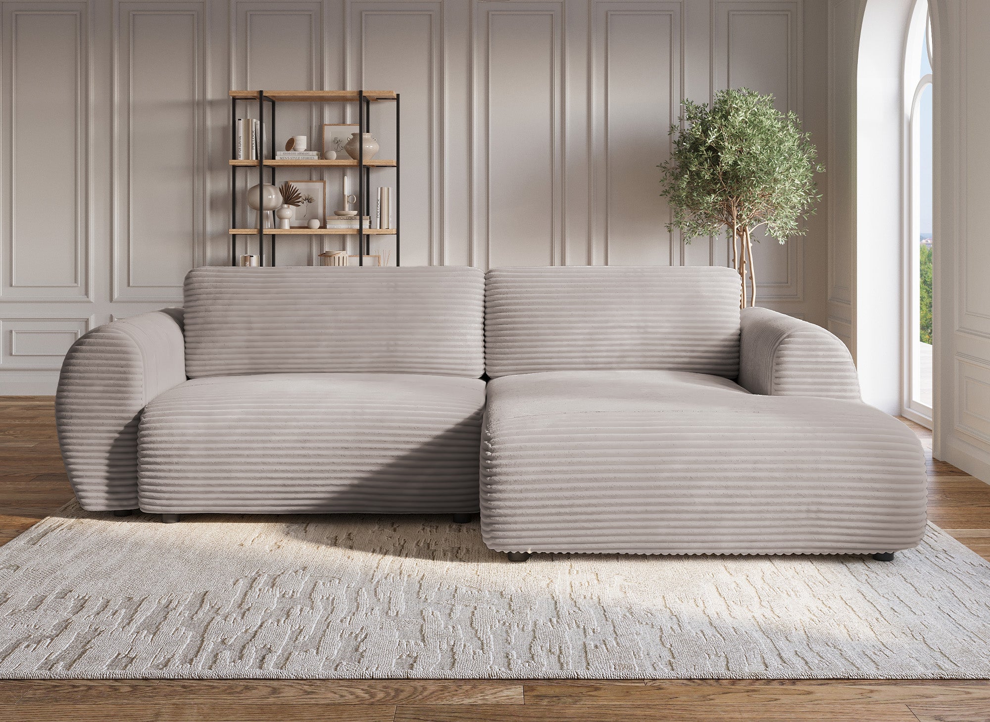 Canapé d'angle convertible avec coffre en velours gros côtelé doux taupe TILDA - Angle droit